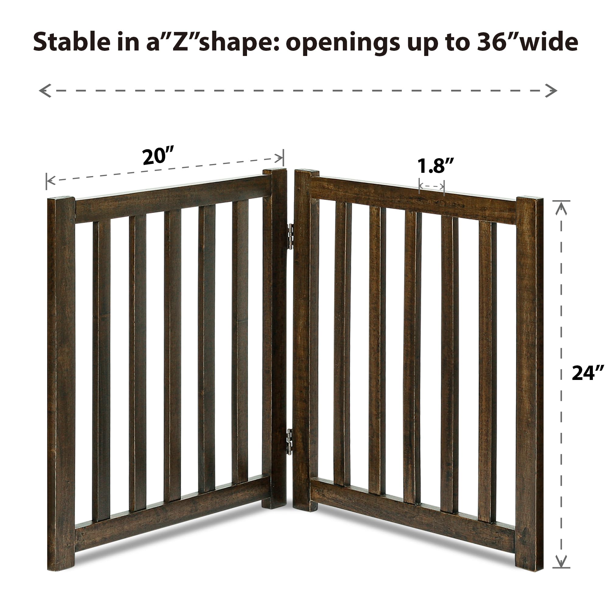 LZRS 2-Panel Wooden Free Standing Foldable Dog Gate Indoor - Solid Hardwood 24 High, Step-Over Safety Pet Gate for Doorways, Sta