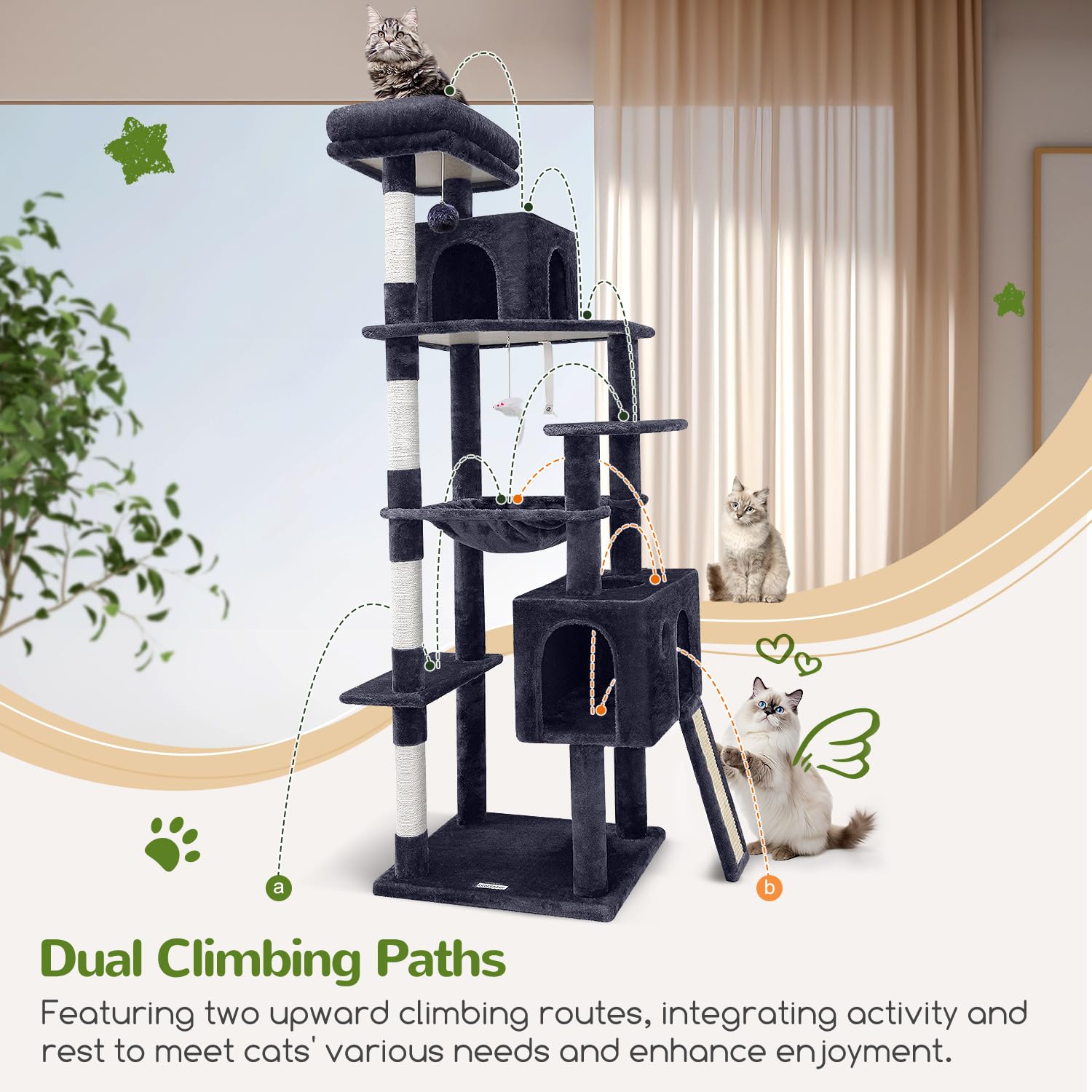 Globlazer F70 Pro Heavy Duty Cat Tree, 70 Inch Sturdy Cat Tree For Indoor Cats Extra Large Cat Tower With Scratching Post, Hammo