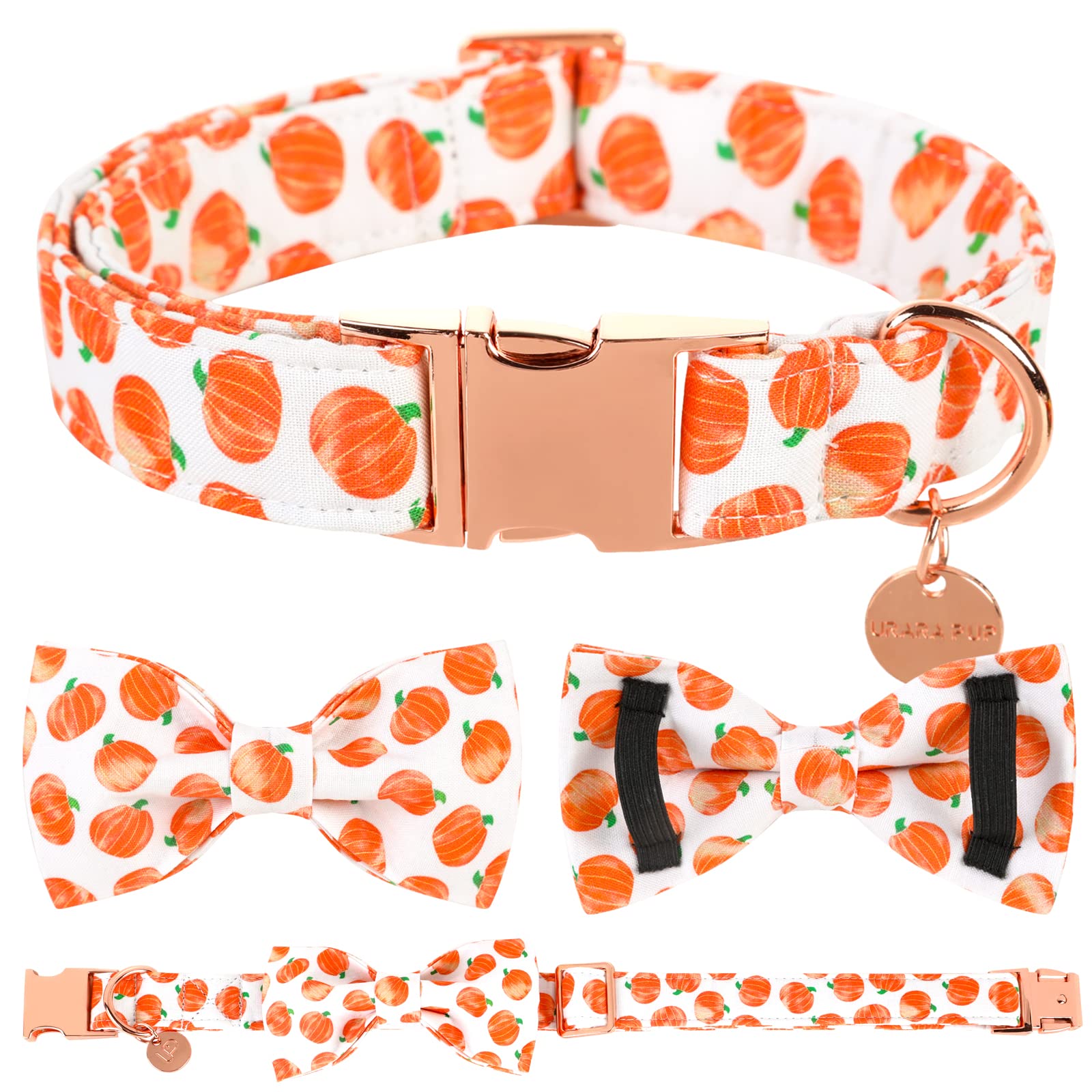 Up Urara Pup Halloween Dog Collar With Bow Tie, Pumpkin Cotton Bowtie Collar For Small Girl Boy Dog, Fall Dog Collar Bowtie With Durable Metal Buckle, Adorable Pumpkin Pet Collar, S, Neck 10-16In