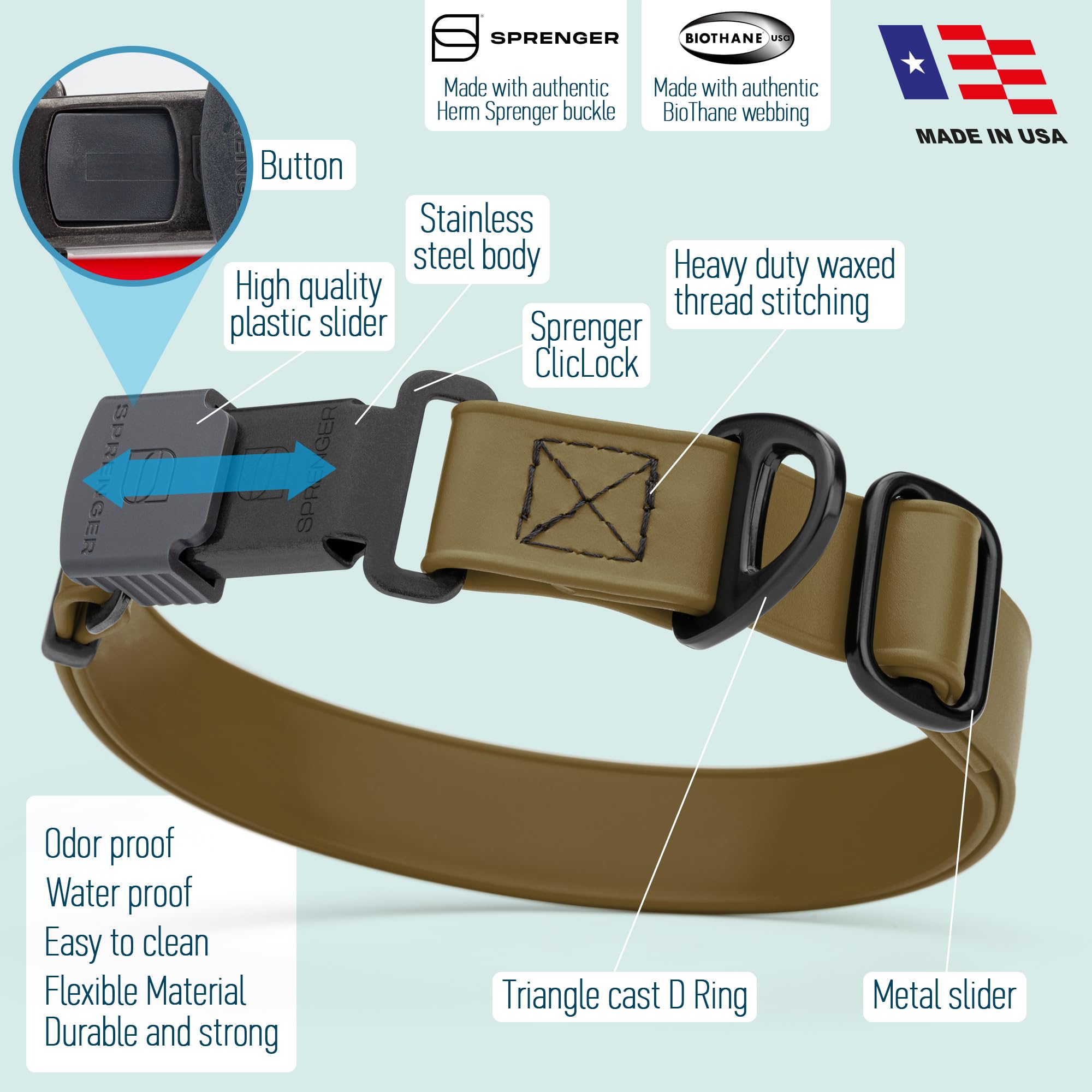Dogline Biothane Waterproof Dog Collar With Herm Sprenger Black Stainless Steel Quick Release Buckle - Heavy Duty Tactical Durab