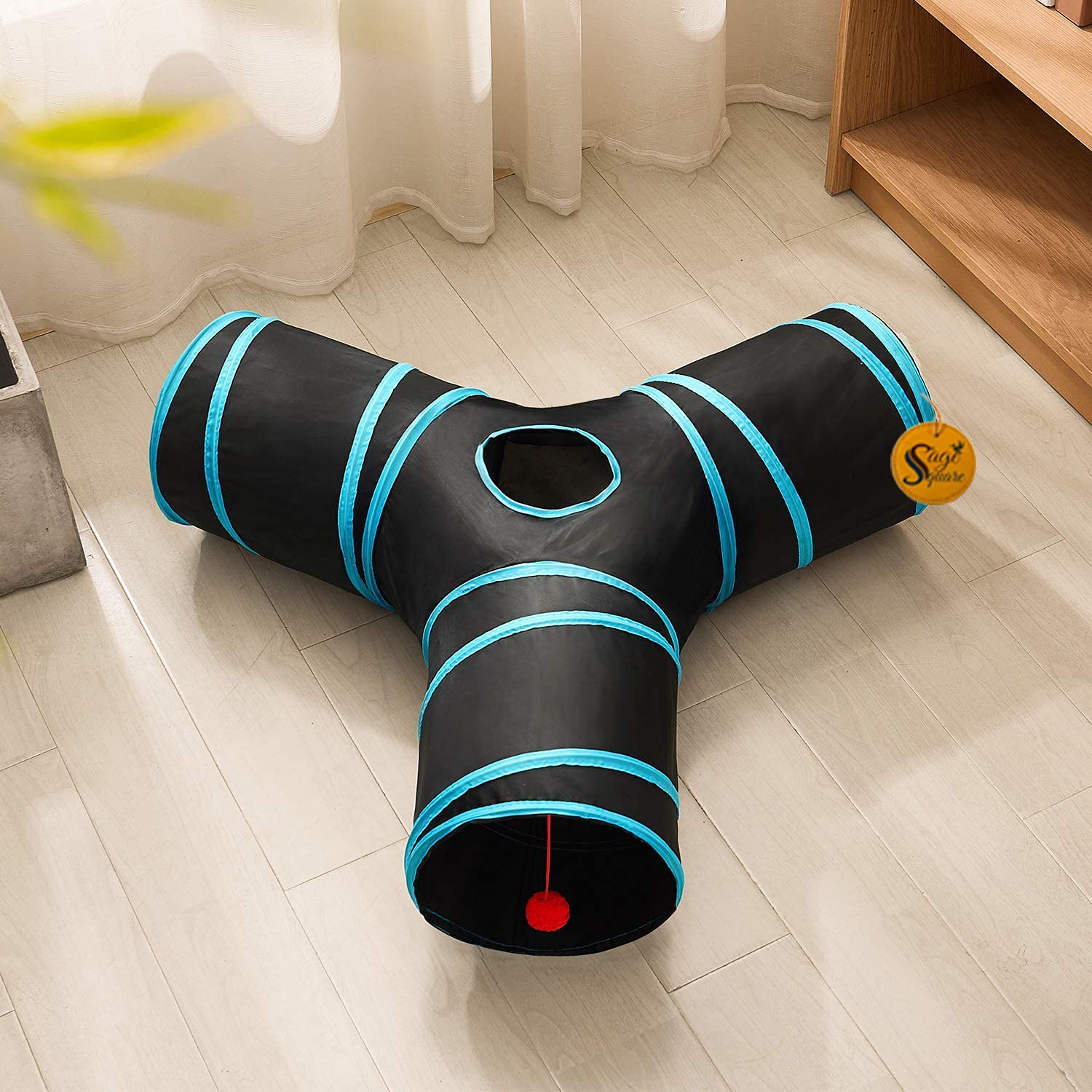 Sage Square Big Size Portable Sleeping Bag Exercise 3 Way Tunnel With Hanging Ball For Cat/Kitten/Puppy/Dog (Blue)