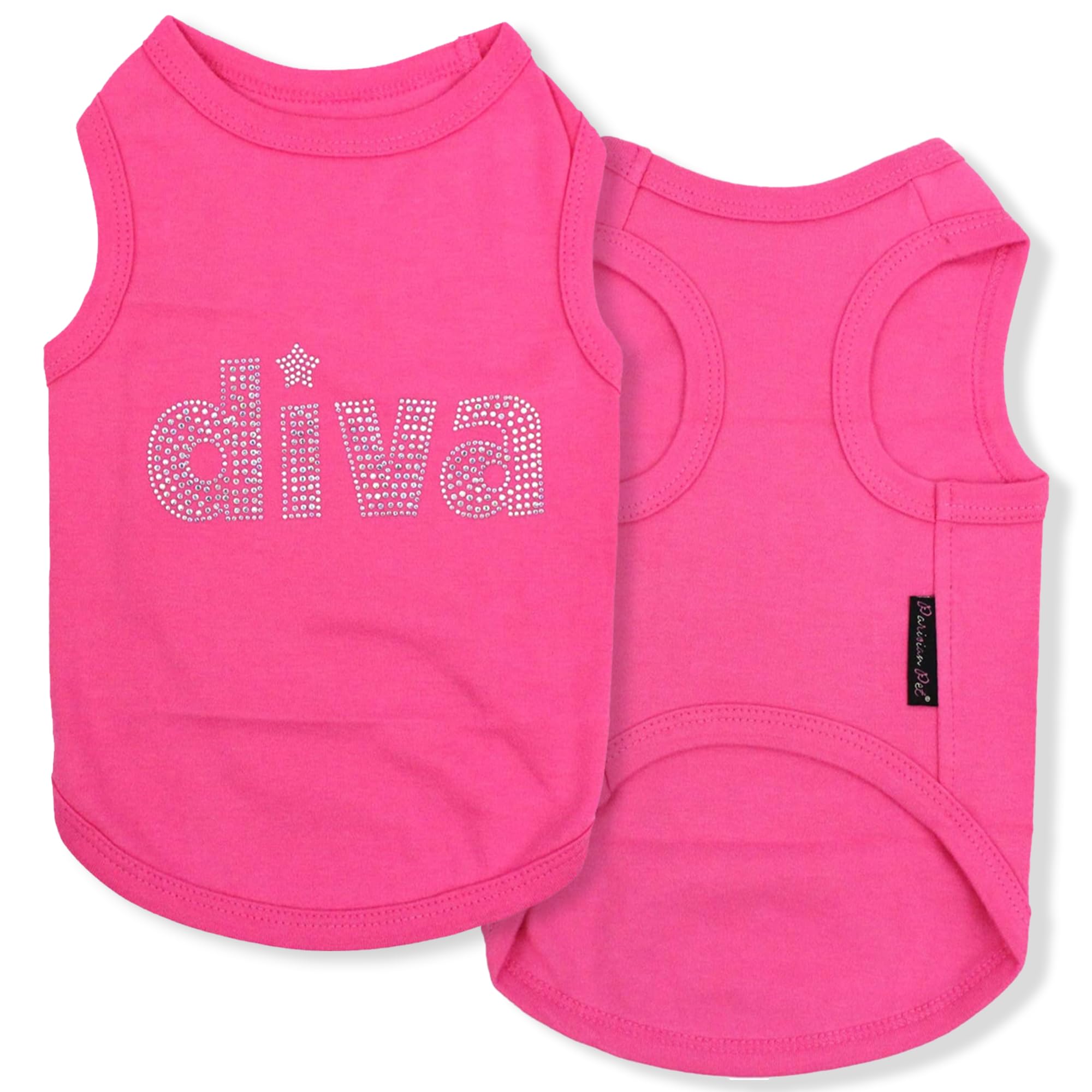 Parisian Pet Dog T-Shirt with Embroidered  Diva  - Breathable Pink Dog Clothes - Sleeveless Pet Vest - Machine Washable Pink D