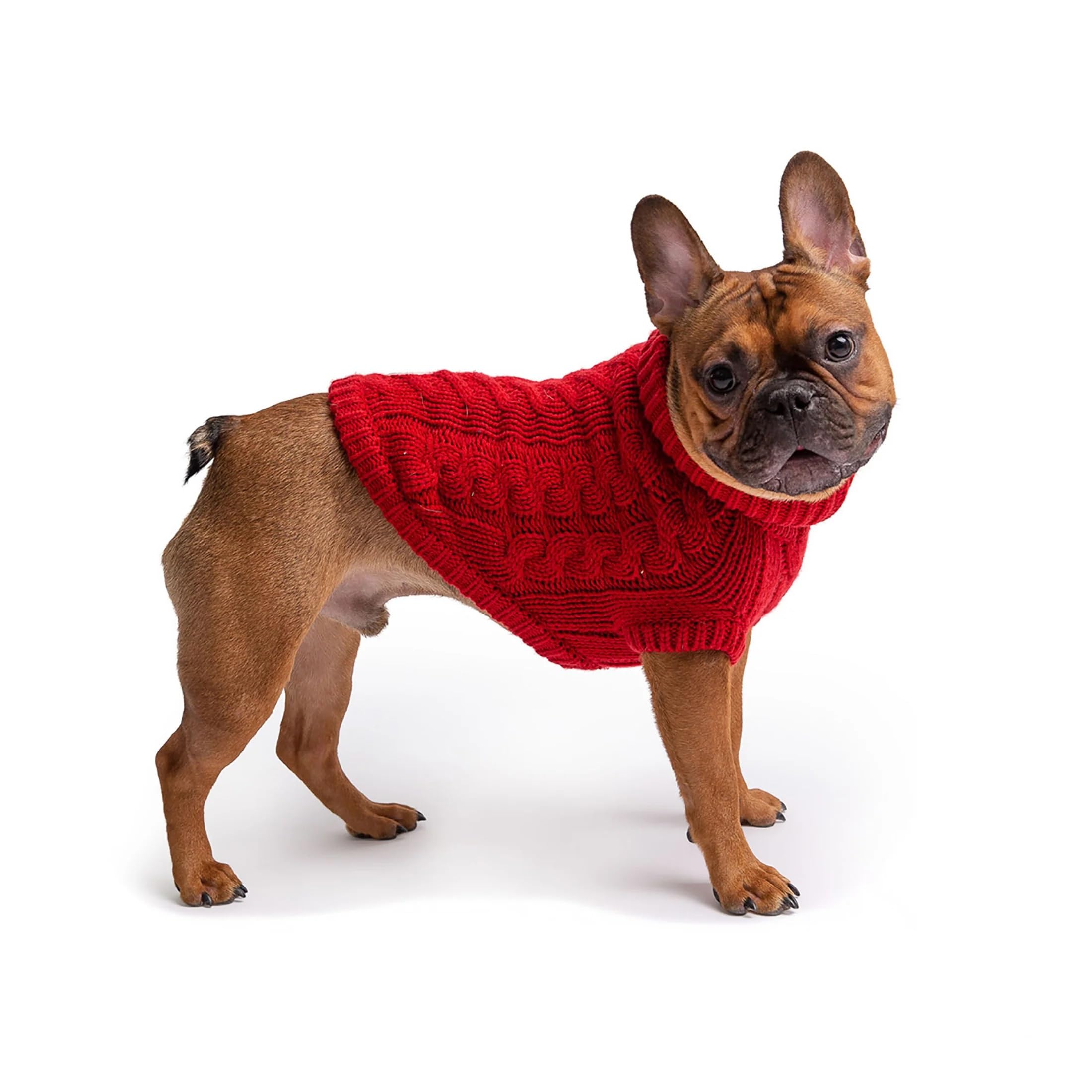 Gf Pet Chalet Cable Knit Dog Sweater - Snuggly Turtleneck Pullover For Small Medium Large Dogs | Chunky Knit Stretch Fit | Soft Ribbed Acrylic | Multi-Knit Doggy Sweaters - Red - 2X Large