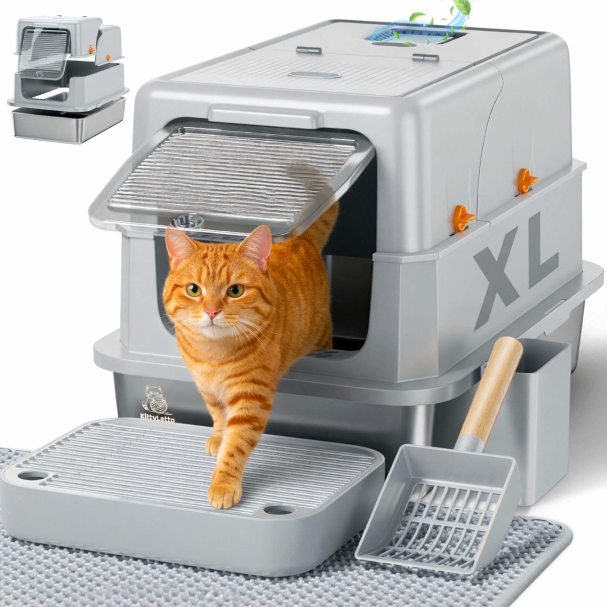 Stainless Steel Litter Box with Lid - XL Enclosed Litter Box for Cats with Collecting Mat - 4 Way Setup Fully Closed, Semi Low, 