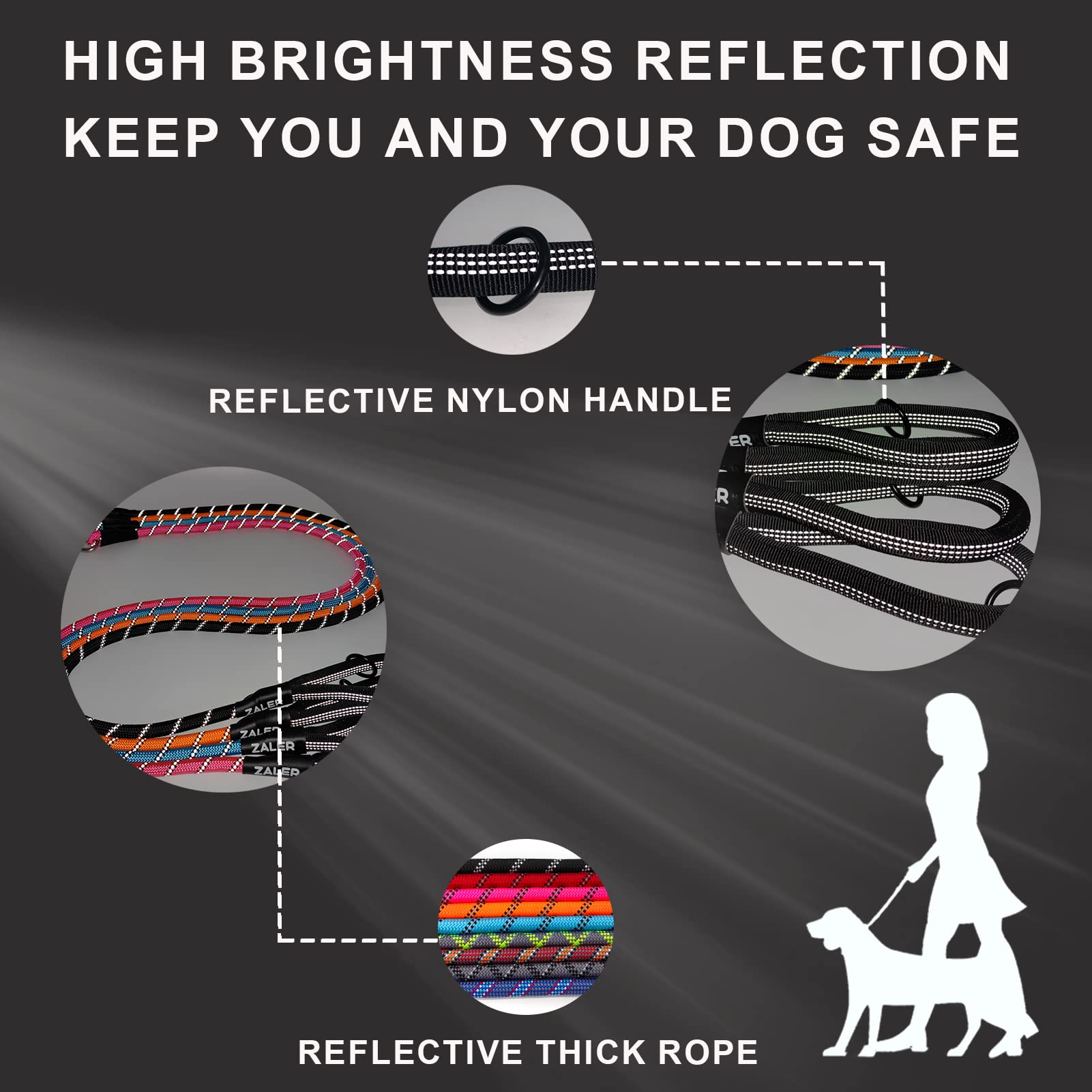 Zaler Rope Dog Leash - 4/5/6/10/15/20/30/50 Foot Reflective Leashes With Carabiner, Heavy Duty For Large And Medium Dogs (6Ft, B