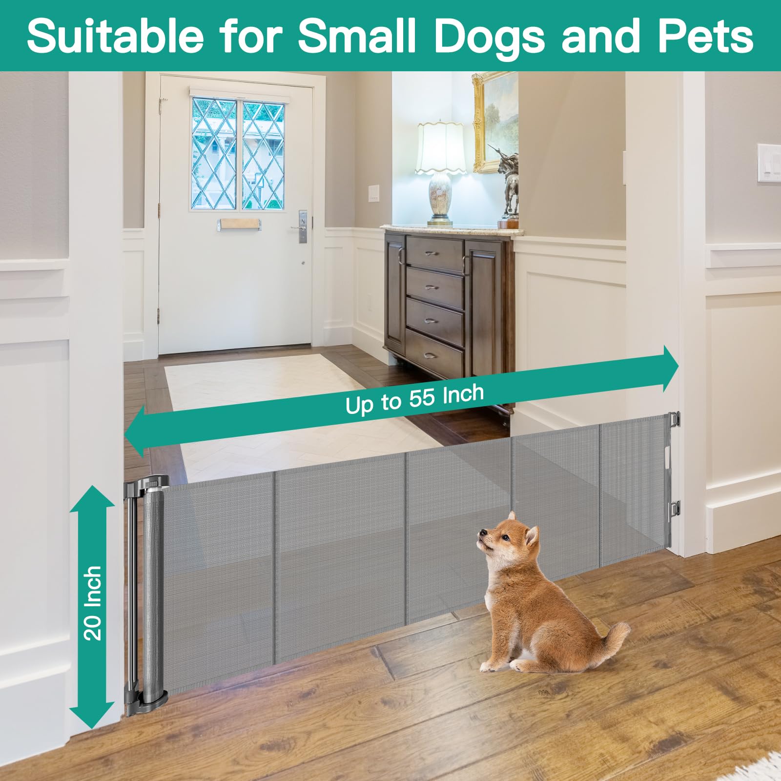 Borthmiu 20 Inches Tall Retractable Short Pet Gate, Extends up to 55'' Wide, Gray Mesh Dog Gate for Small Dogs & Puppies, Indoor
