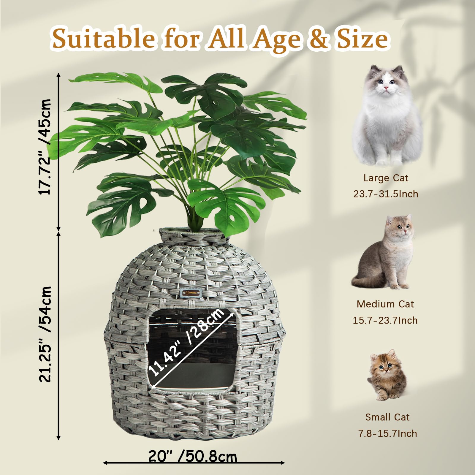 KUREEISE Hidden Litter Box Furniture with Artificial Plants, Handwoven Rattan Cat House with Enclosed Litter Box(Gray)