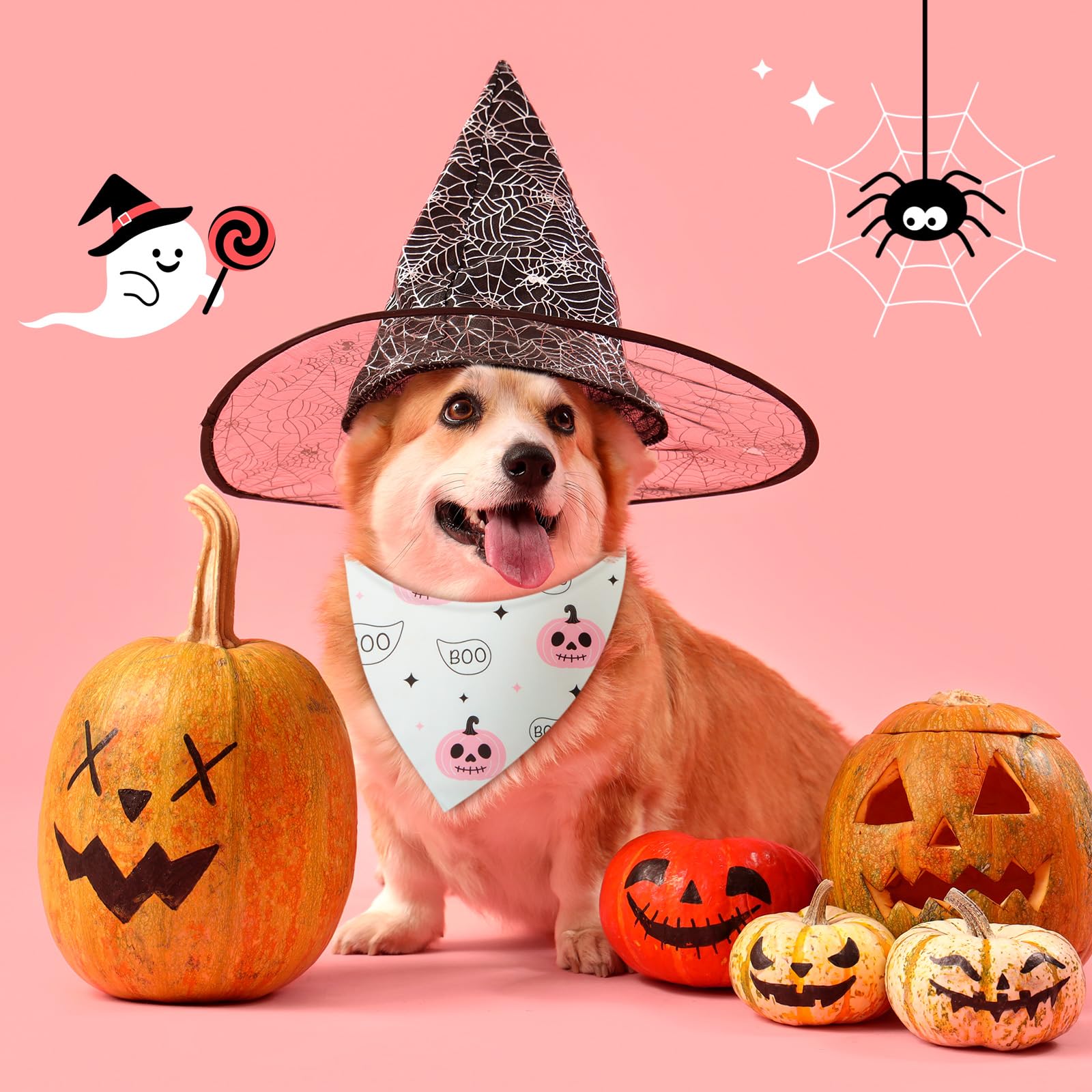 Weewooday 12 Pieces Pink Halloween Dog Bandanas Pumpkin and Ghost Bandanas for Dogs Triangle Kerchief Scarf Bibs for Small Mediu