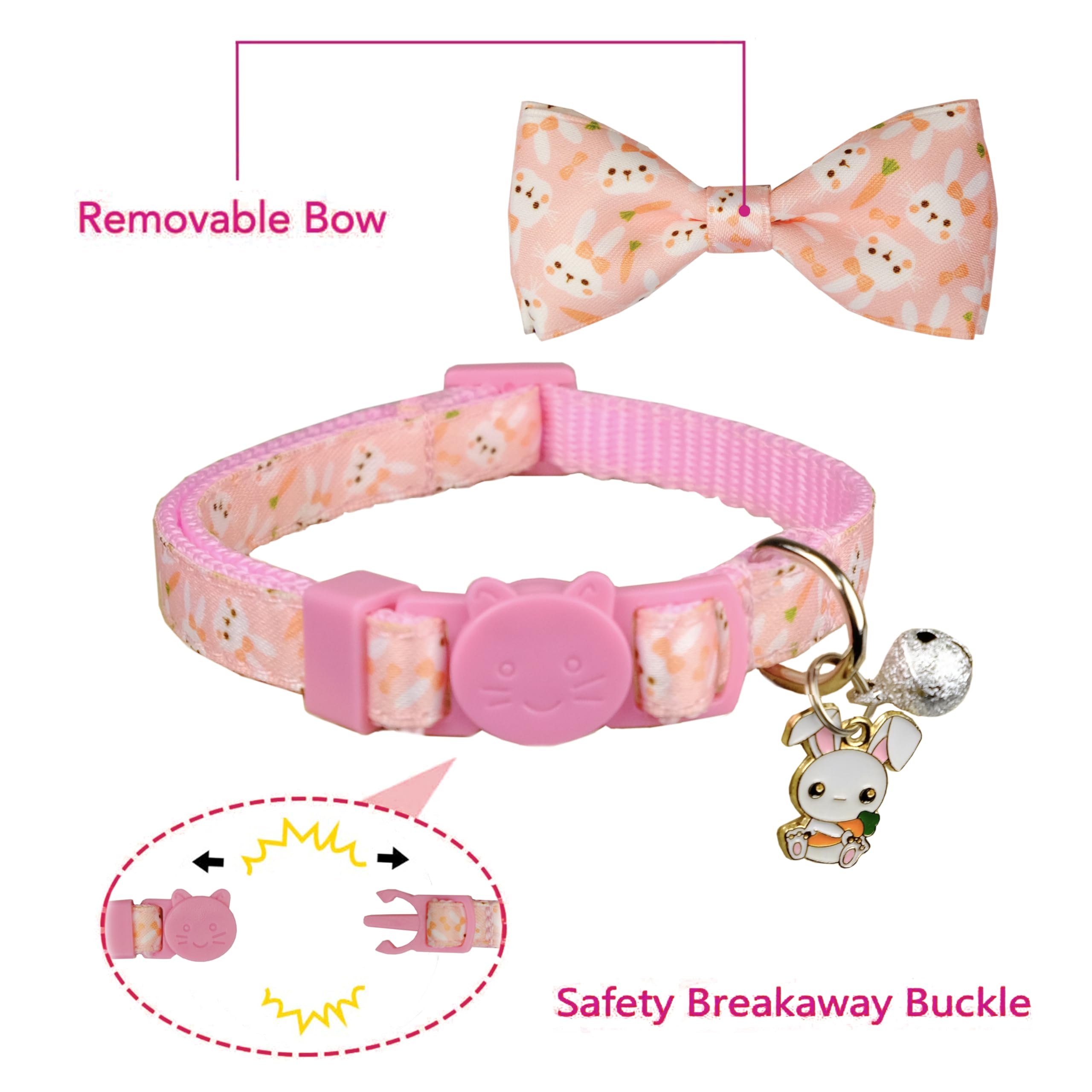 2 Pack Cat Collar With Bowtie And Charms Adjustable Breakaway Safety Design, Bunny And Pastel Egg Patterns, Soft Comfortable Nyl