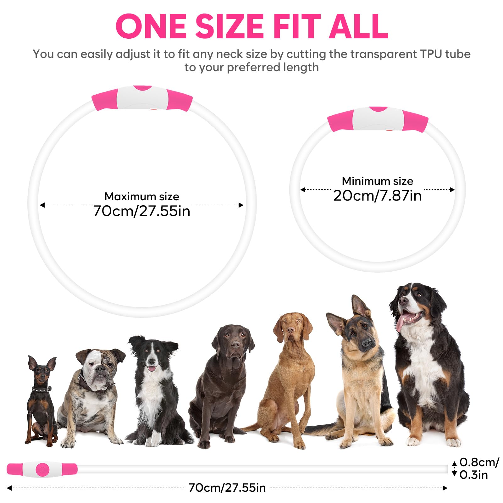 Higo Led Dog Collar, Usb Rechargeable Light Up Dog Collars, Tpu Cuttable Light Dog Necklace Glow In The Dark (Pink)