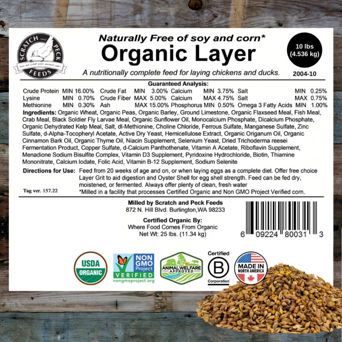 Scratch and Peck Whole Grain Layer Mash Chicken and Duck Feed - 10 lbs Bag - Corn-Free and Soy-Free - 16% Protein, Certified Org