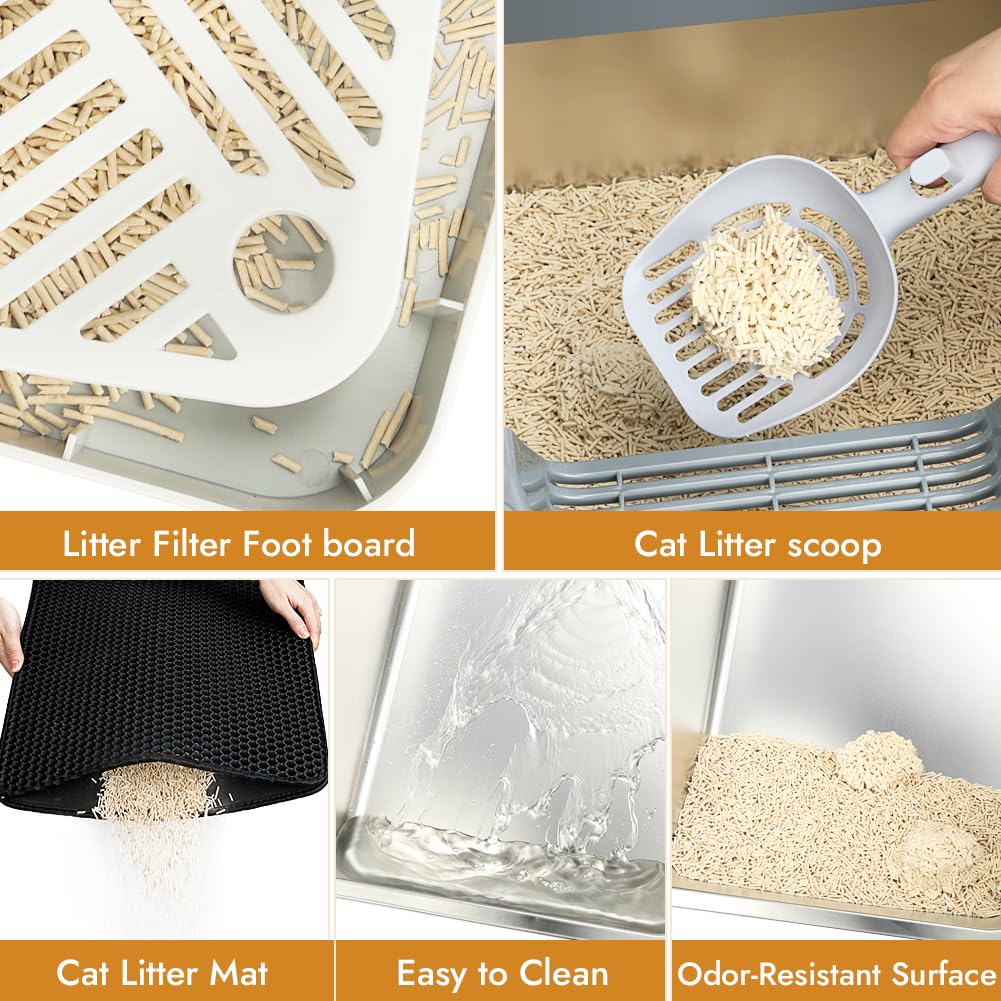 Vivifying Stainless Steel Cat Litter Box, Large Semi-Enclosed Litter Box With Lid, Anti-Leakage Metal Pan For Easy Cleaning & Od