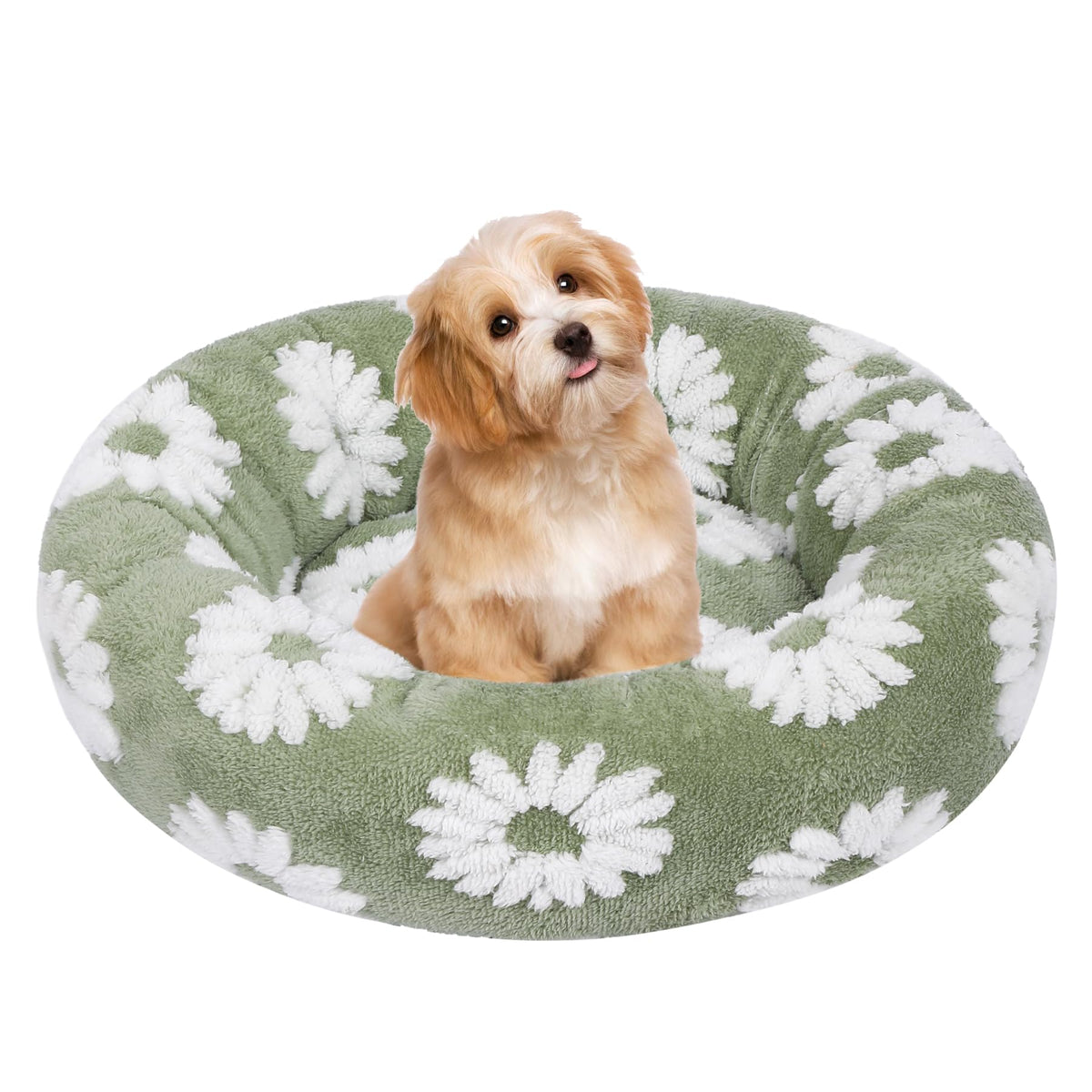 Calming Donut Dog & Cat Bed, Fluffy Washable Round Anti-Anxiety Small Pet Bed With Non-Slip Bottom (Fits Up To 25 Lbs Pets)
