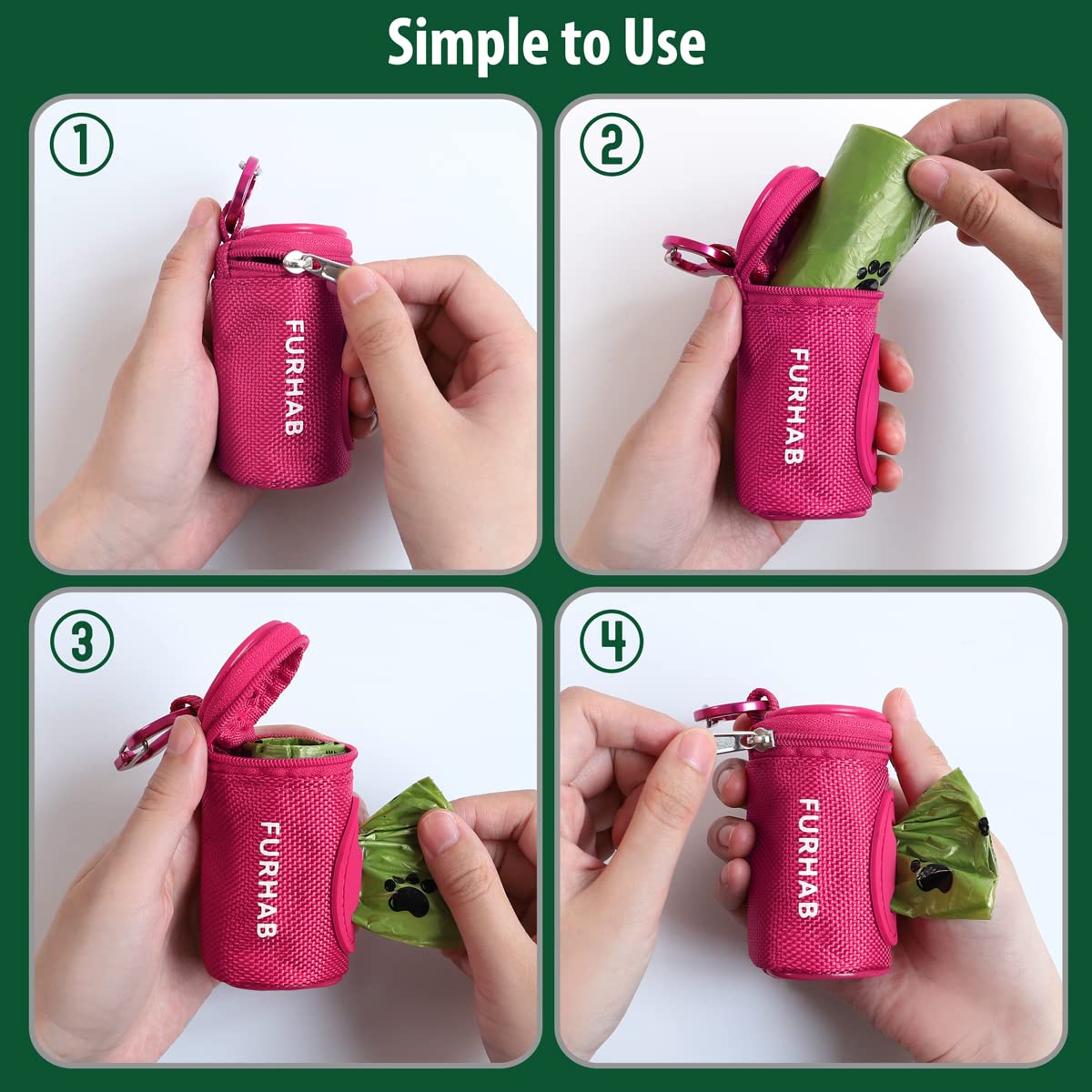 Furhab Dog Poop Bag Holder For Leash Doggie Waste Bag Dispenser Soft Fabric Puppy Potty Carrier Small Doggy Zipper Pouch With Carabiner Clip 1680D Nylon Oxford With 1 Roll Of Pet Trash Bags, Rose Red