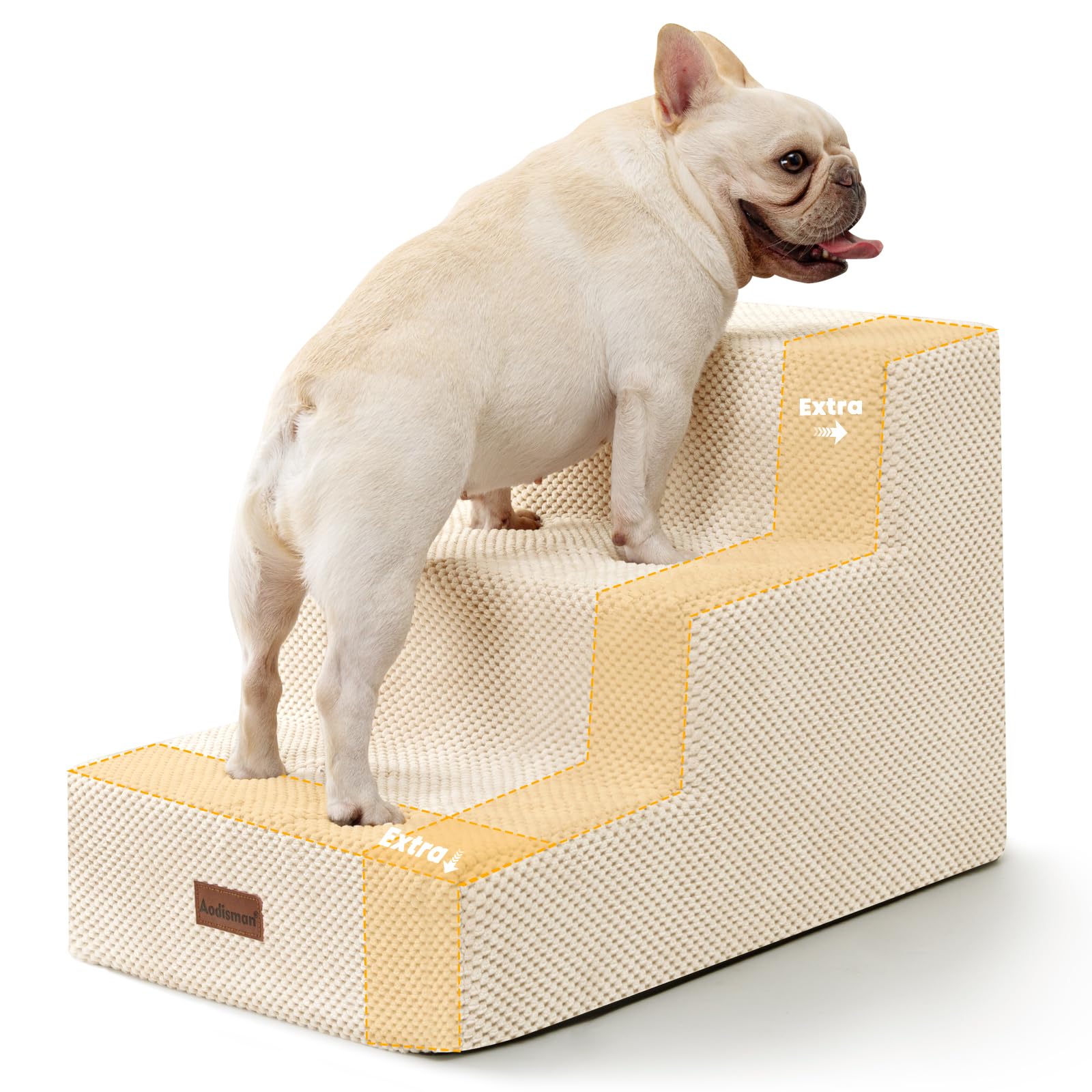 Aodisman Dog Stairs for Small Dogs & Cats, 3-Step Extra Wide Non-Slip Pet Steps for Couch Sofa and Chair, Beige, 15.7 H