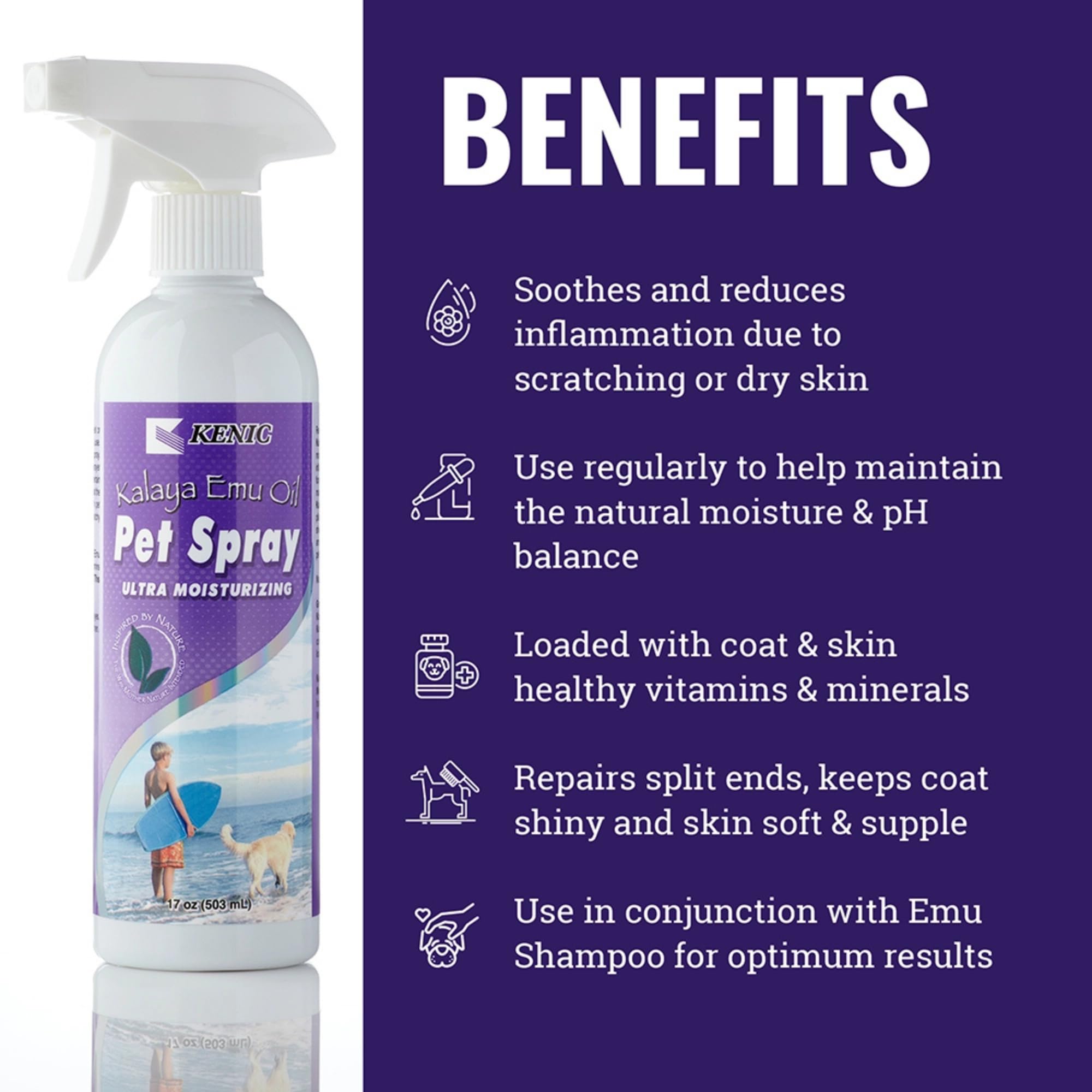 Kenic Emu Oil Spray for Dogs & Cats - Itchy Skin Relief for Dry, Irritated Coats & Hot Spots - Leave-in Conditioning Formula Soo