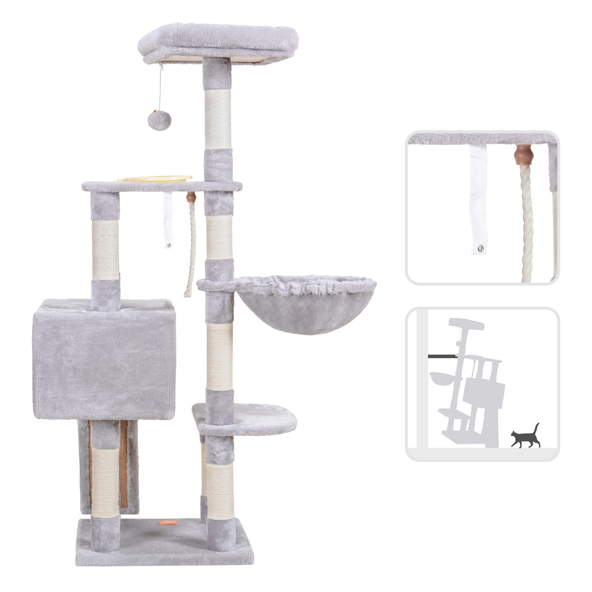 Heybly Cat Tree, Cat Tower For Indoor Cats With Scratching Board, Multi-Level Cat Furniture Condo With Feeding Bowl Light Gray H