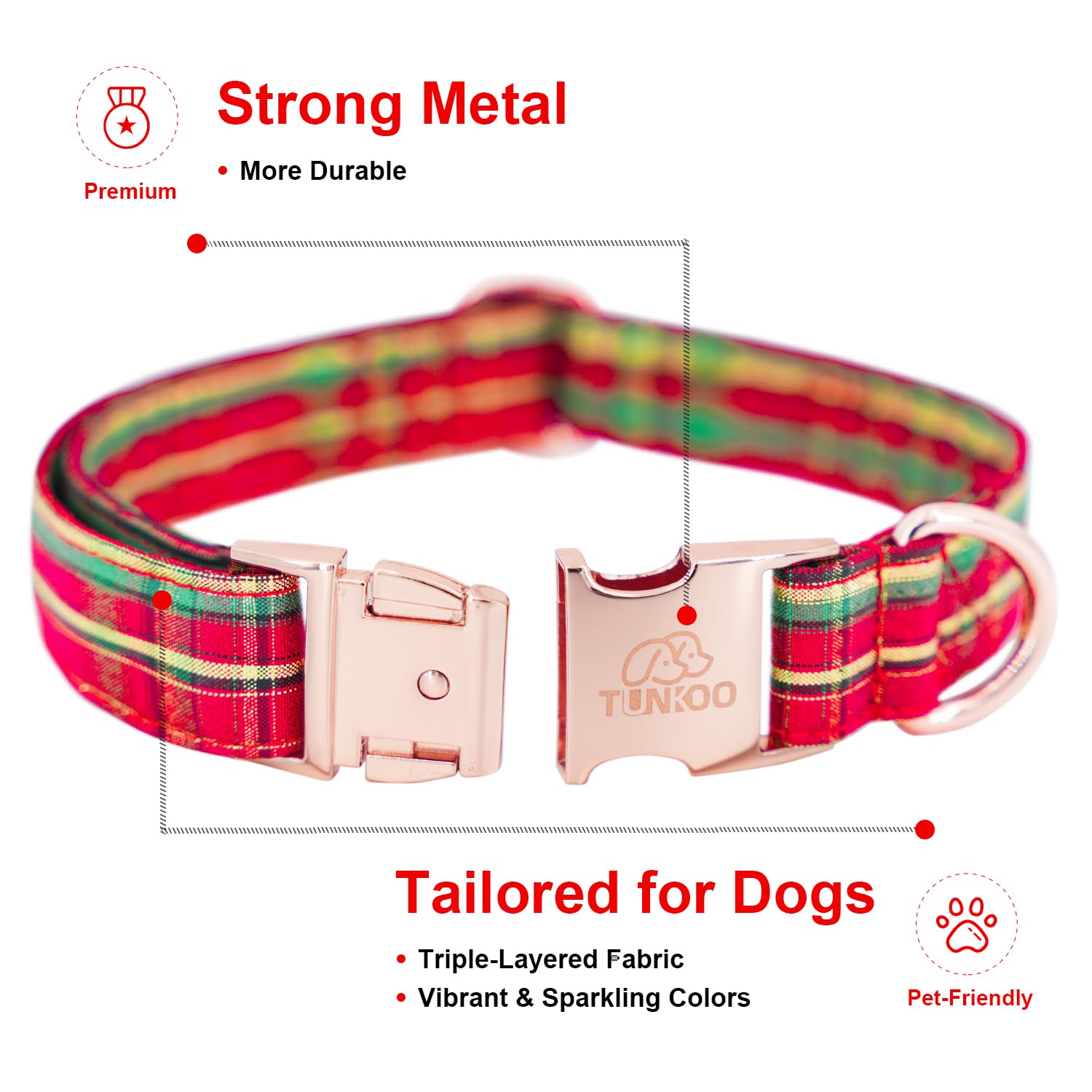 Tunkoo Dog Collar Christmas Shiny Plaid With Bow Tie, Rose Gold Metal Buckle Durable Adjustable Dog Collars - For Small Medium L