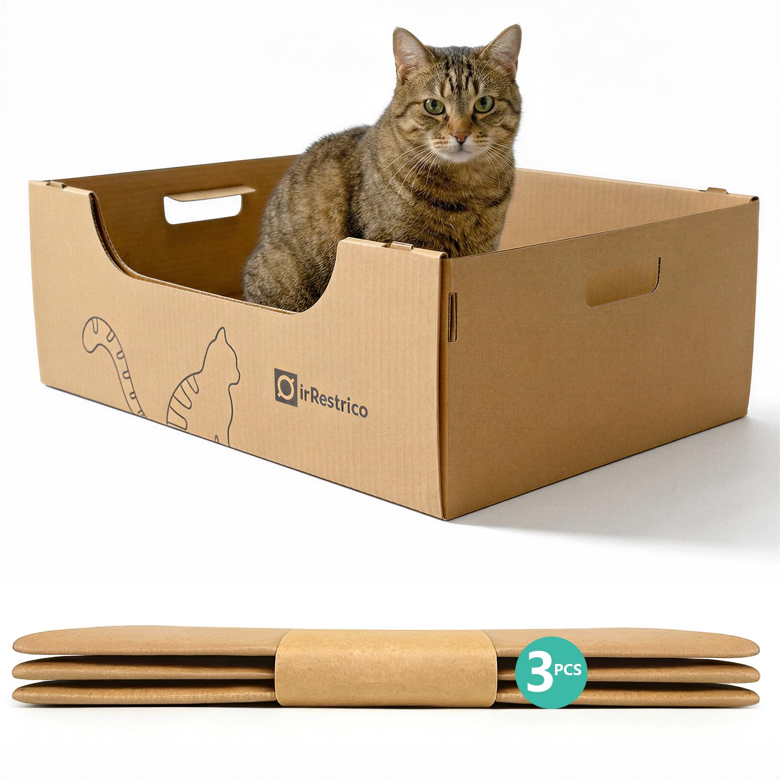 IRRESTRICO 3-Pack Jumbo Disposable Cat Litter Box, Waterproof Cardboard Litter Box, Foldable & Portable for Travel and Home, Rec