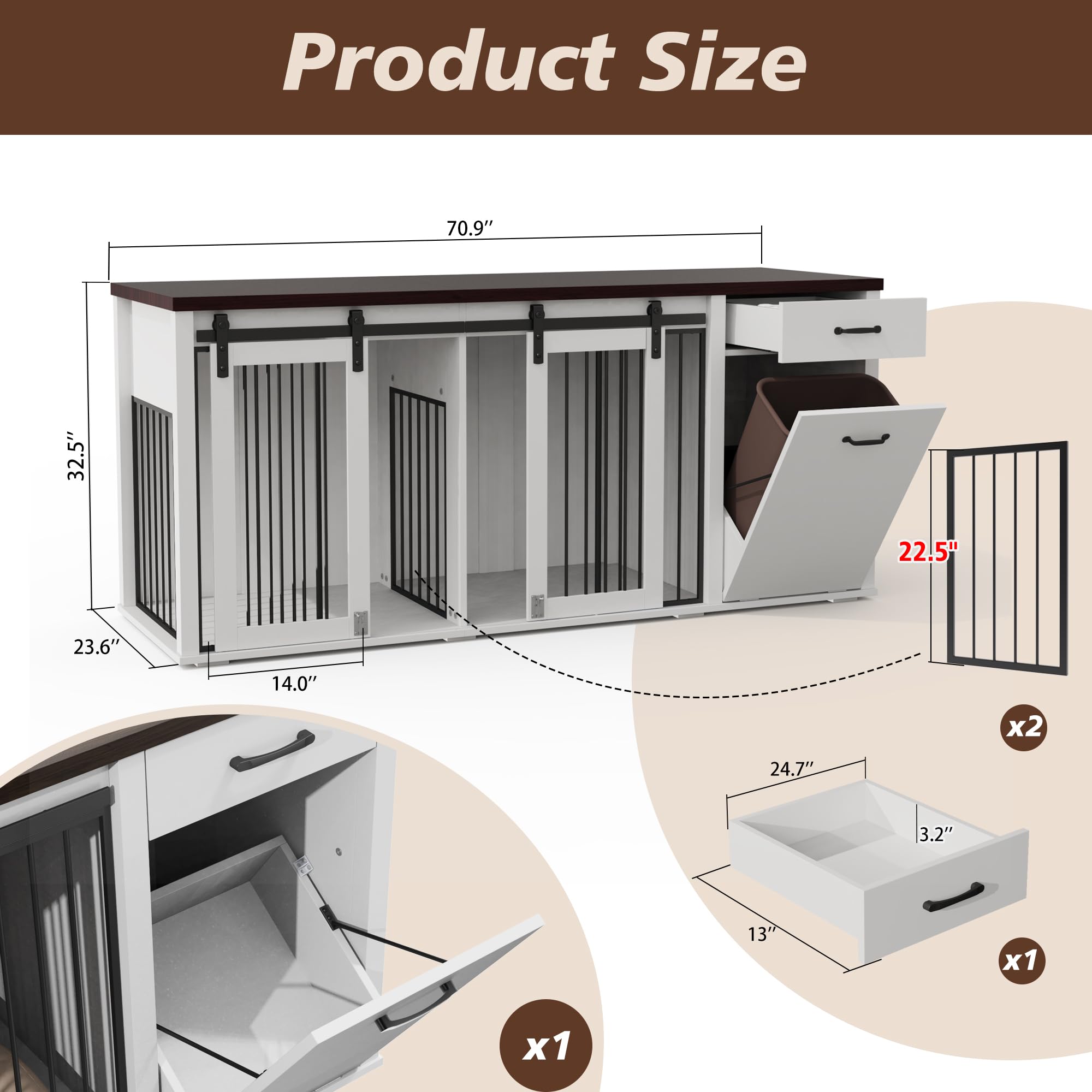 KIGOTY Furniture Style Dog Crate with Storage, 71 Inch Double Dog Crate for 2 Dogs, Wooden Large Dog Kennel with Drawers,Tilt Ou