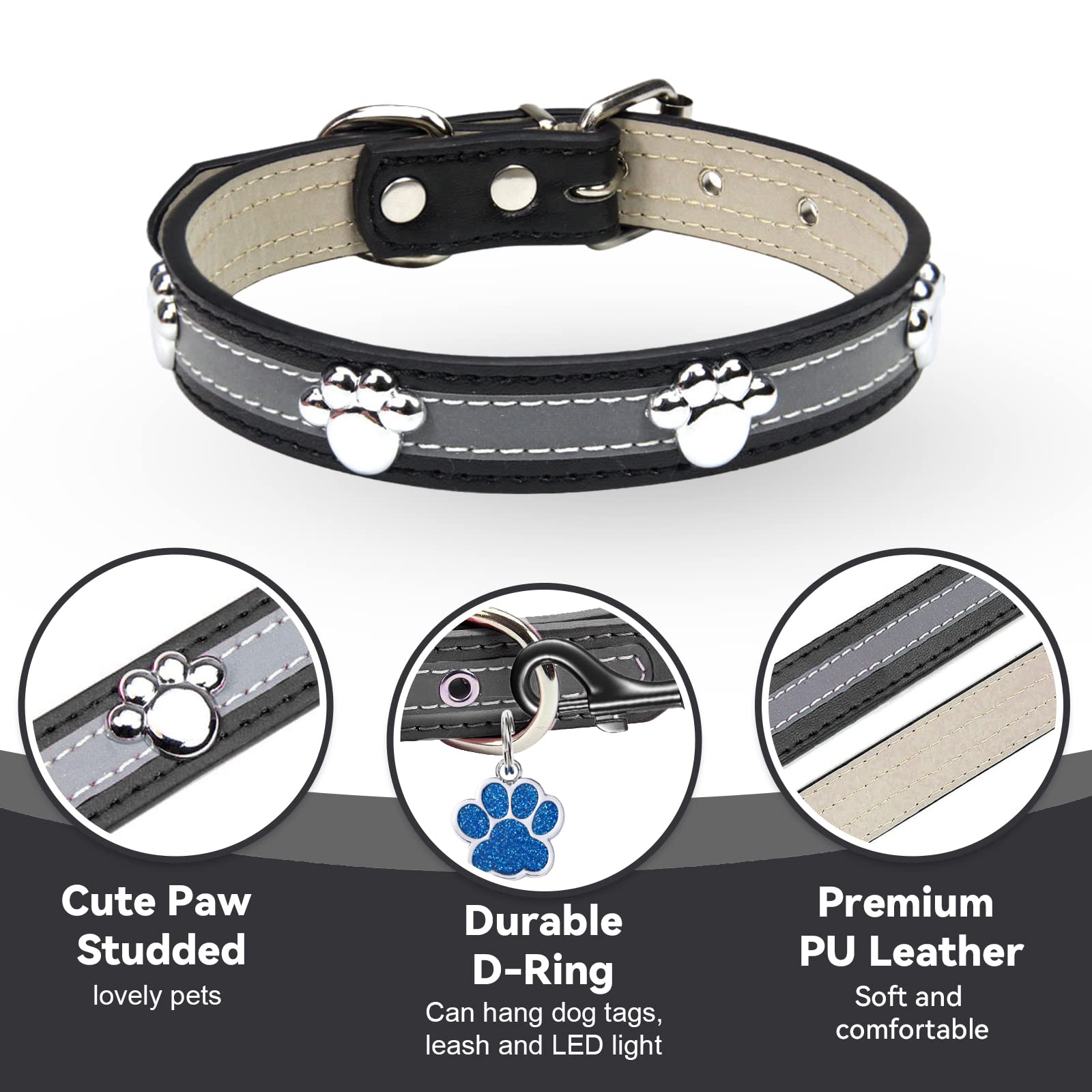 Petcare Reflective Dog Collar With Cute Paw Rivet Studded Funny Soft Pu Leather Adjustable Puppy Dog Collars For Small Medium Large Dogs Cats (Black,X-Large)