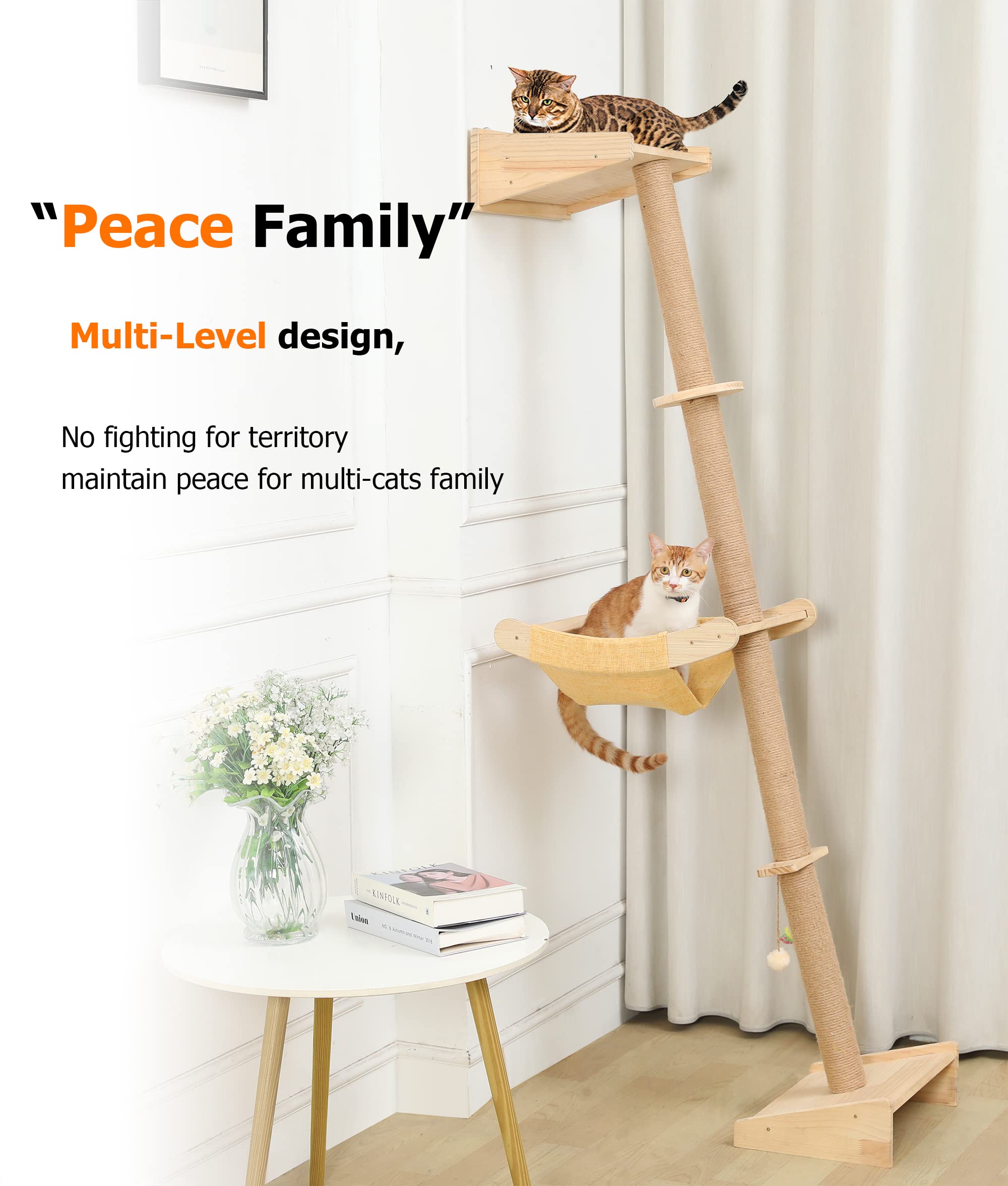 Wall Cat Tree With Hammock, 76'' Tall Cat Wall Furniture Lean Against Wall Cats Climbing Tower For Active Indoor Climbers With S
