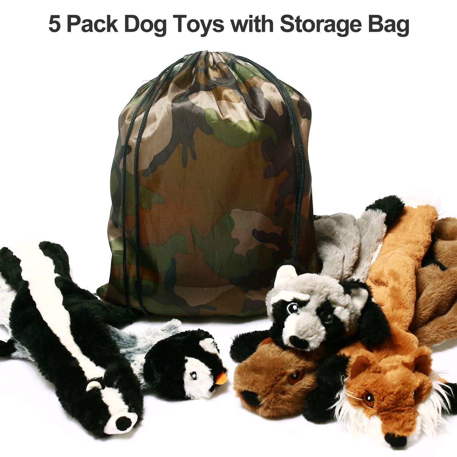 Cnmgbb No Stuffing Dog Toys With Squeakers, Durable Stuffingless Plush Squeaky Dog Chew Toy Set,Crinkle Dog Toy For Medium And Large Dogs, 5 Pack(Squirrel Raccoon Fox Skunk And Penguin), 24Inch