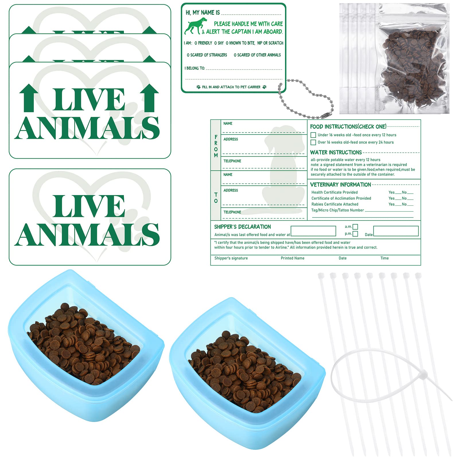 Eaasty 23 Pcs Pet Airline Travel Kit Kennel Travel Kit, Includes 4 Live Animal Stickers 2 Pet Bowl 1 Live Pets Label 5 Storage Bag 10 Cable Ties 1 Tag Animal Outdoors Accessories For Dogs Cats