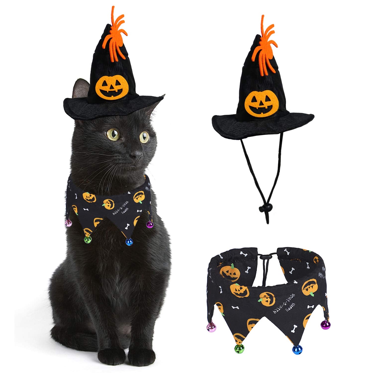Rypet Cat Halloween Costume - Halloween Cat Collar With Bells And Halloween Pumpkin Hat Cat Costume Suit For Cats And Small Dogs