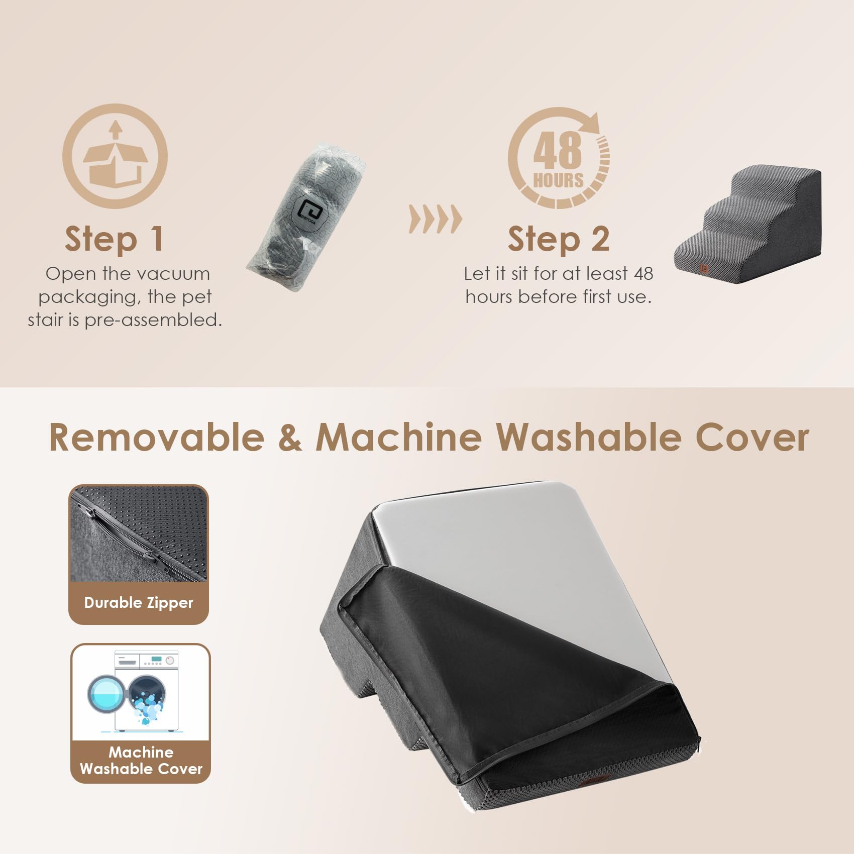 Eheyciga Curved Dog Stairs Ramp For Small Dogs 15.7' H, 3-Step Dog Steps For Couch Sofa And Chair, Pet Stairs For Cats, Non-Slip Balanced Pet Steps Indoor, Grey