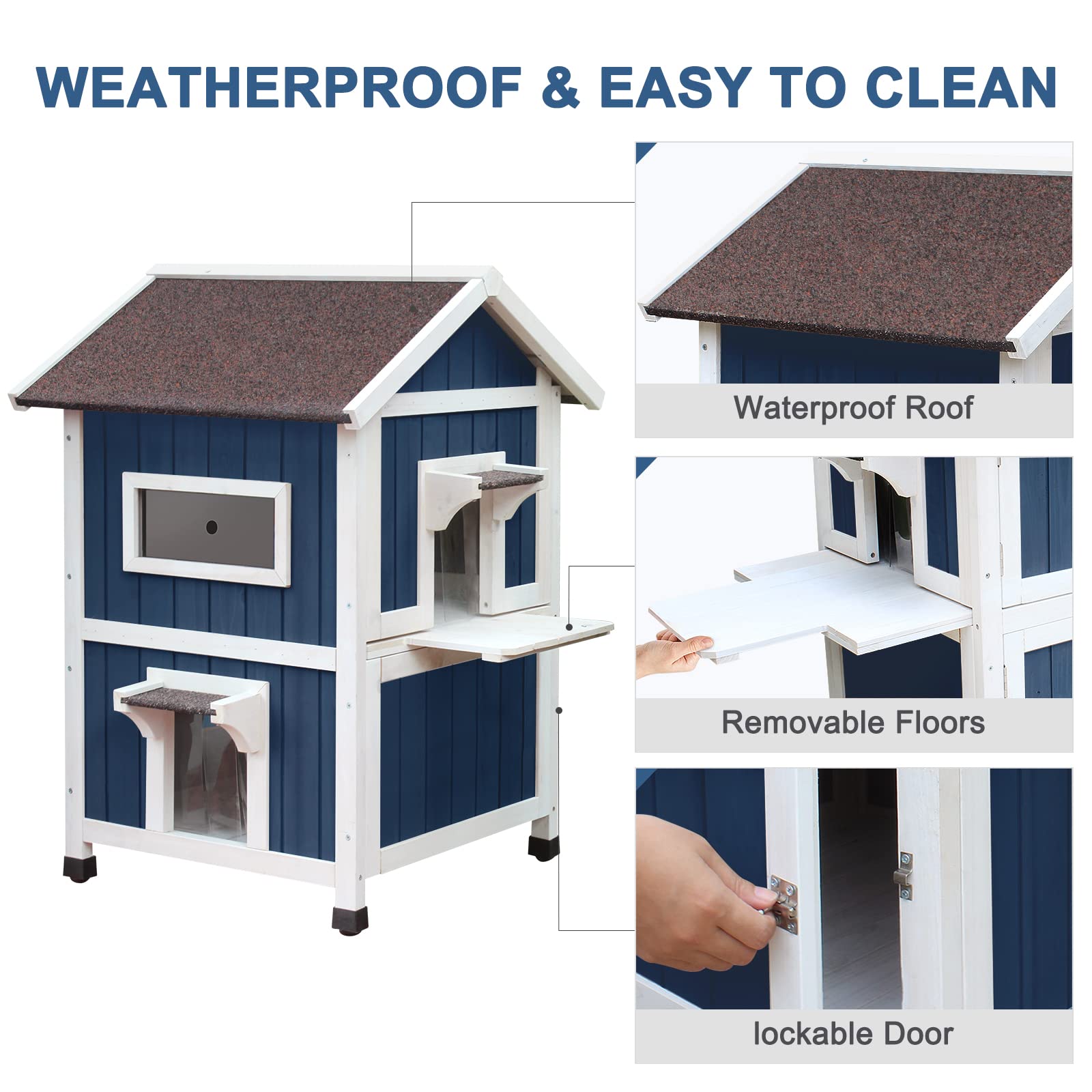 Hicaptain Weatherproof Cat House For Outdoor, 2 Story Feral Cat House With Balcony And Escape Door, Outside Wooden Pet Shelter F