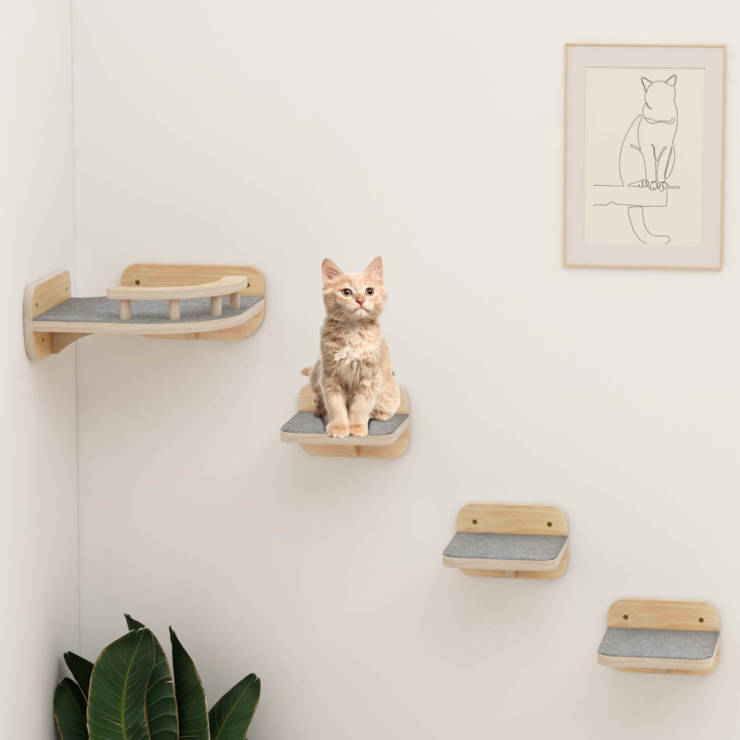 Megidok Cat Wall Furniture Corner Climbing Shelf Perches, Cat Bed Wall Mounted With 3 Wide Steps,Modern Floating Stairs For Wall