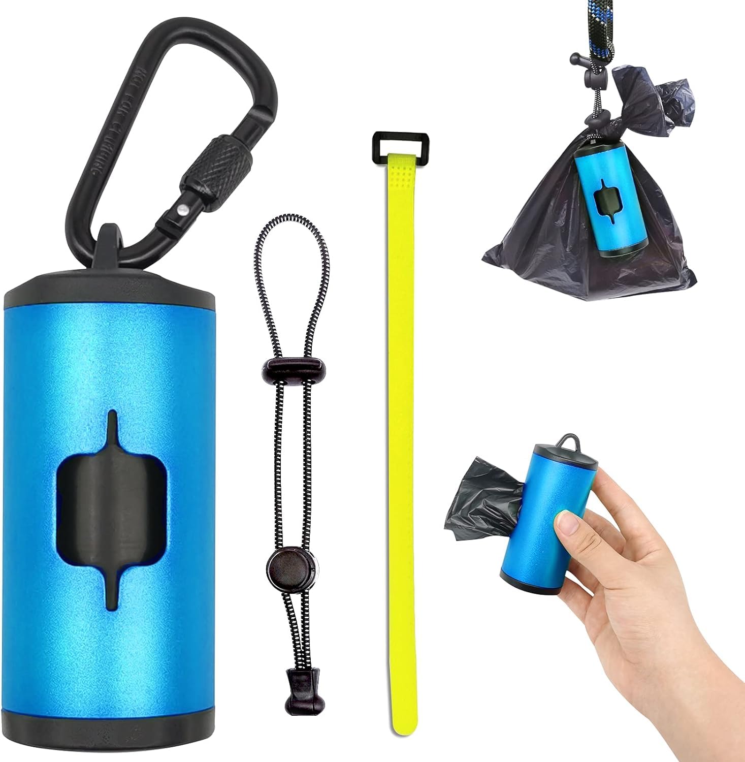 Shaouman Metal Dog Poop Bags Holder Aluminum Poo Bags Dispenser With 15 Black Unscented Pet Waste Bags And 3 Leash Accessories For Dog Walking(1 Holder 15 Bags,Blue)