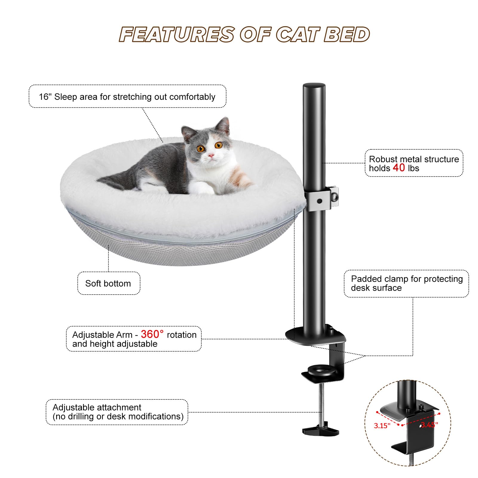 Gomyrod Cat Bed For Desk Removable Cushion Pet Desk Bed For Home Office, Comfortable Cat Perch For Indoor Kitty Max 40 Lbs, 360