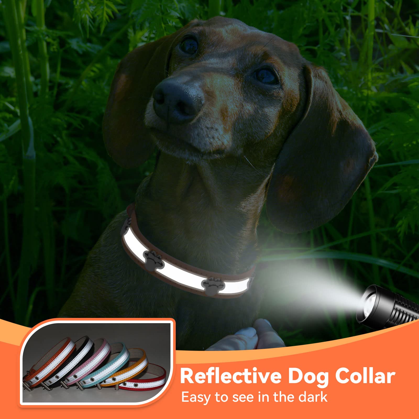 Petcare Reflective Dog Collar With Cute Paw Rivet Studded Funny Soft Pu Leather Adjustable Puppy Dog Collars For Small Medium Large Dogs Cats (Orange,X-Large)