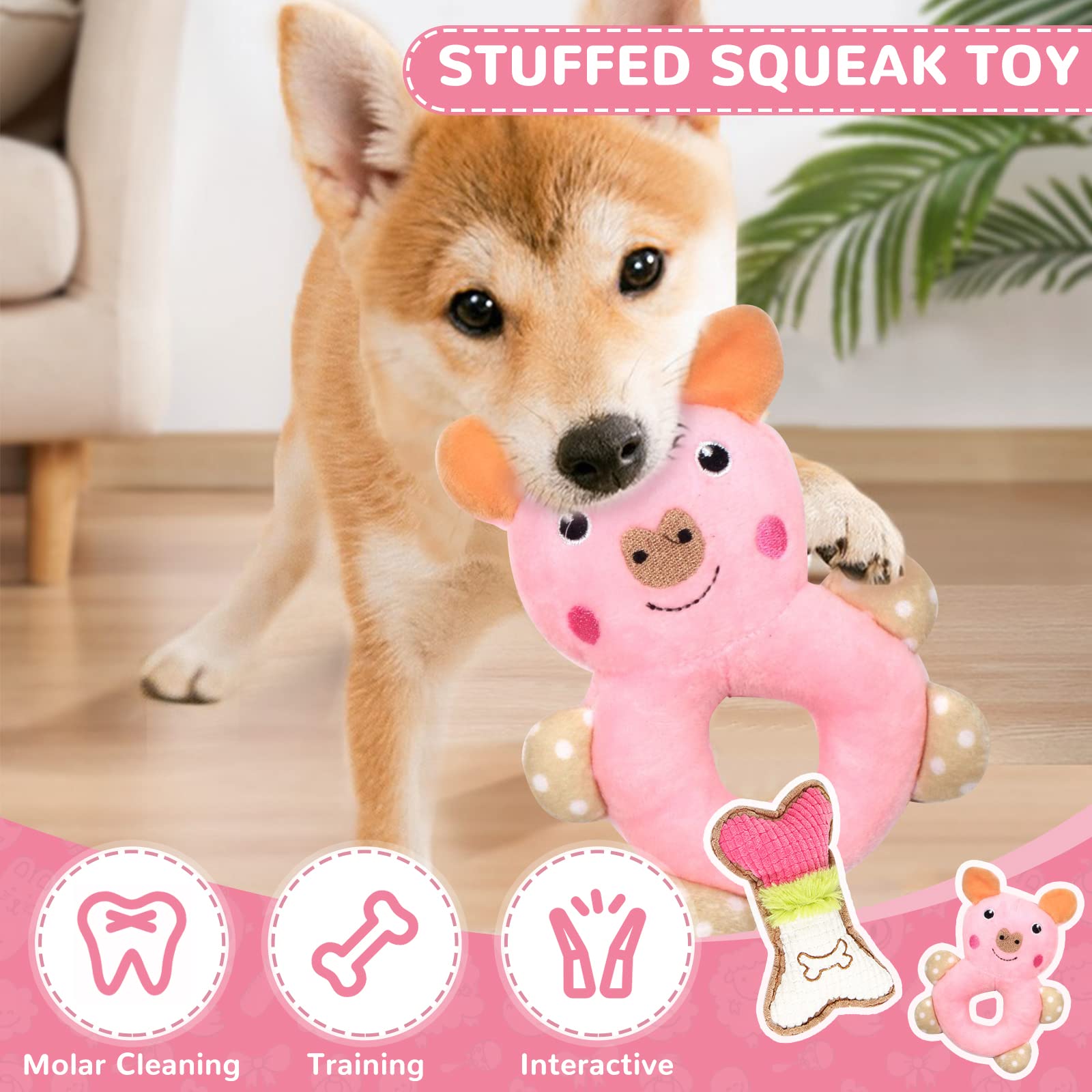 XGDMEIL 6 Pack Puppy Toys for Teething Small Dogs, Cute Pink Dog Chew Toys for Puppies, Soft Squeaky Dog Toys for Small Breed Cl