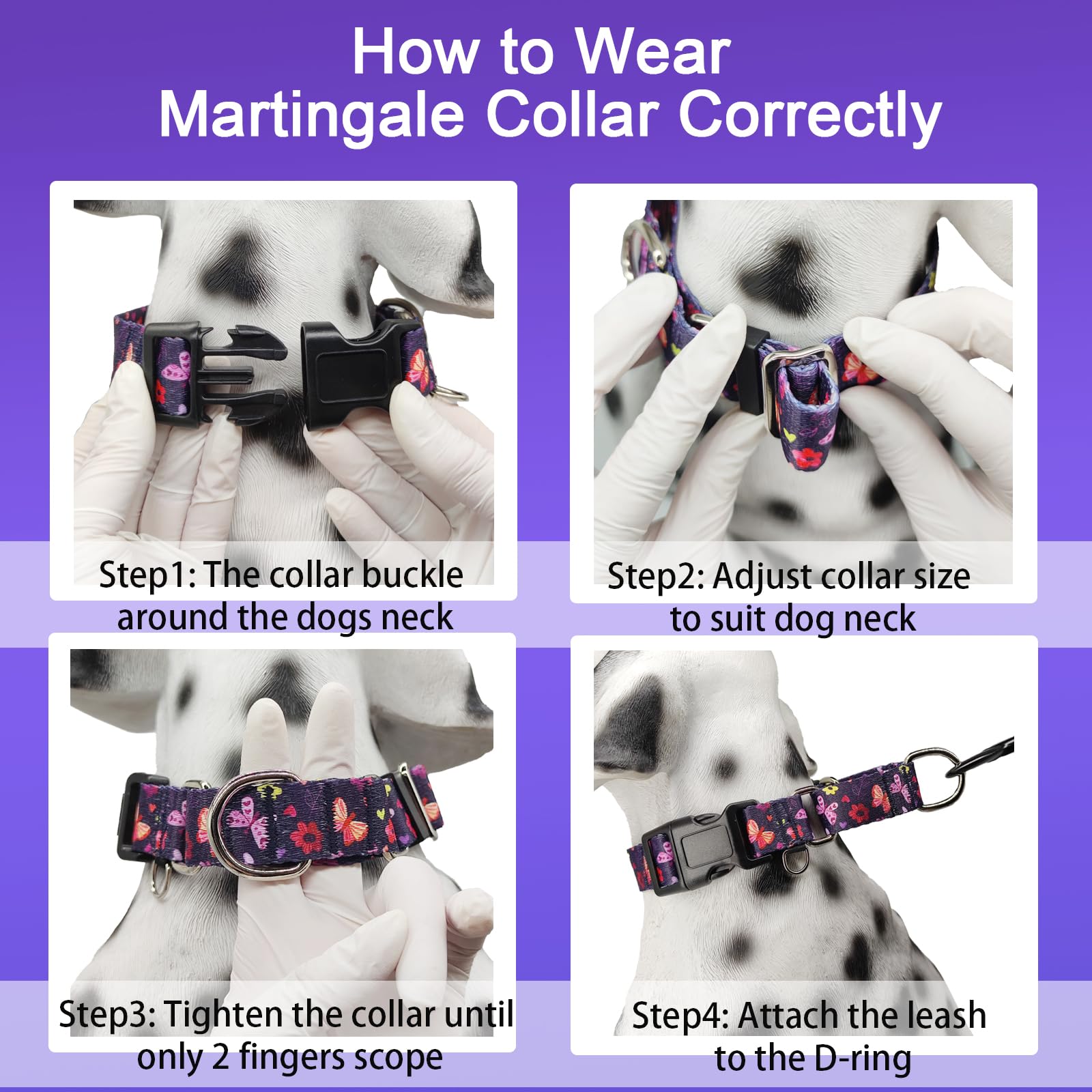 Fidohug Martingale Collar With Buckle Purple Nylon Adjustable Cute Girl Female Dog Collars (Butterfly Floral, Small)