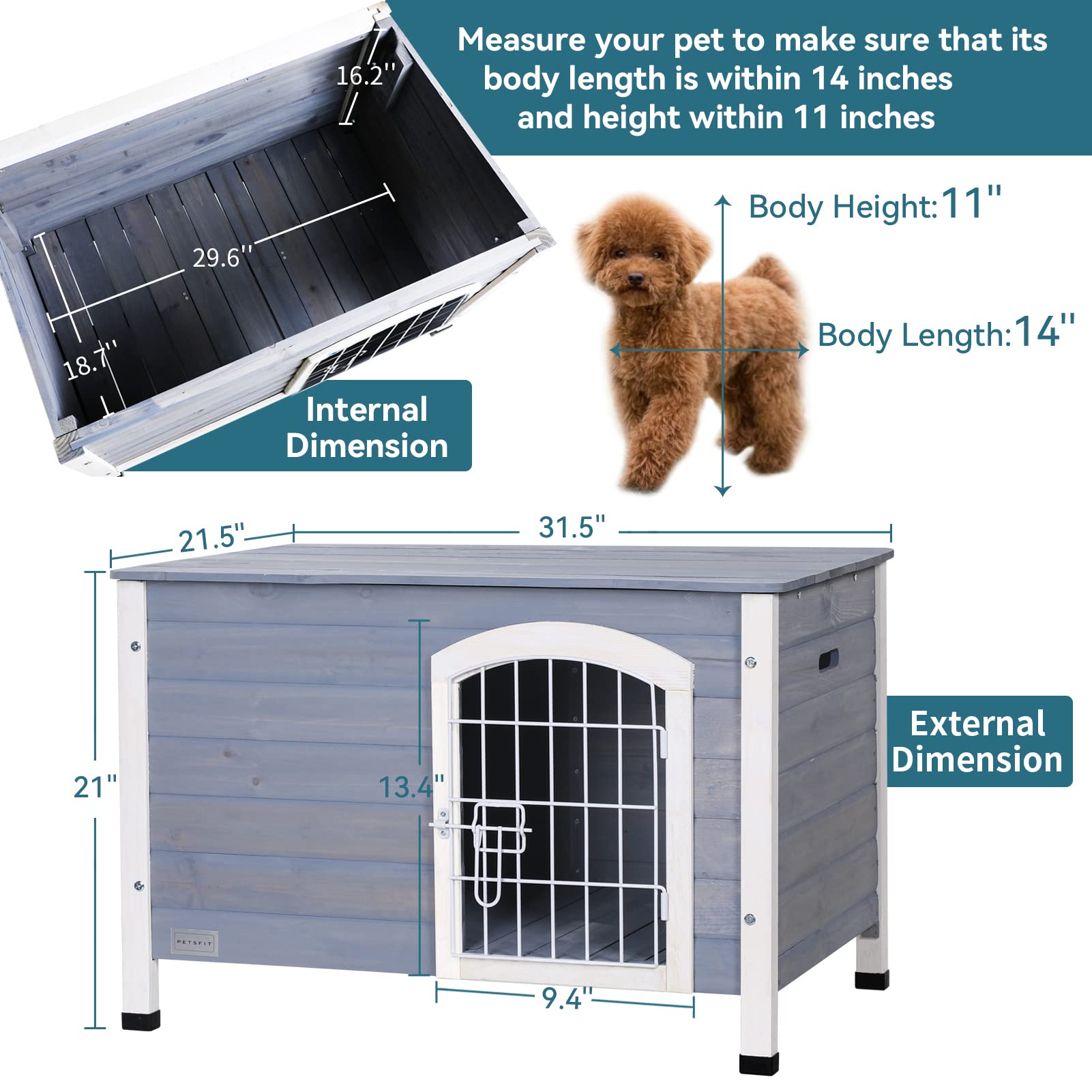 Petsfit Small Dog House For Small Dogs Indoor, Wooden Dog House With Elevated Floor&Anti-Slip Bottom, 31.5''L  21.5''W  21''H