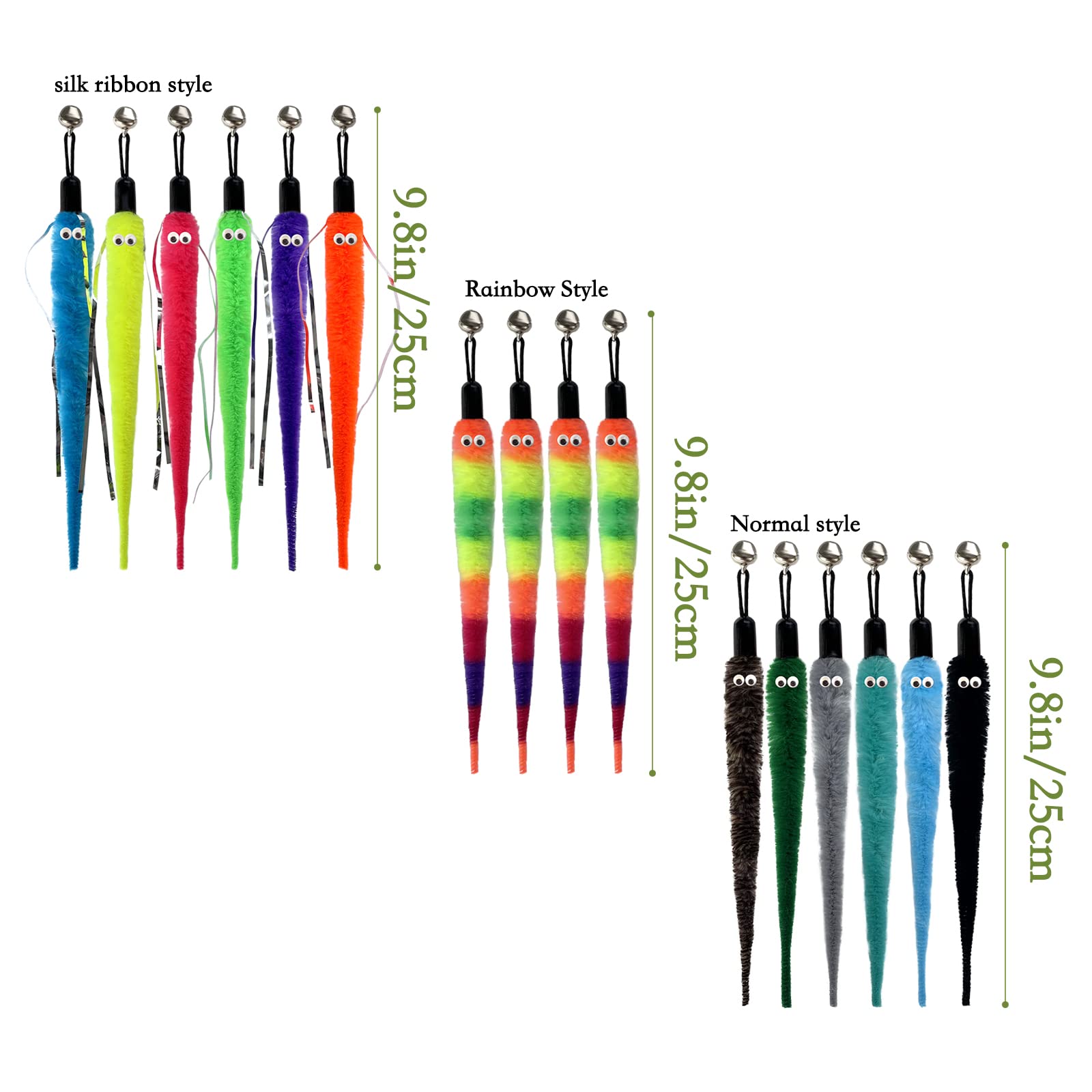 Yubonus Cat Wand Toy Refills 16Pcs With Bells, Interactive Durable Worm Attachments For Indoor Cats, Safe Teaser Replacement Cat