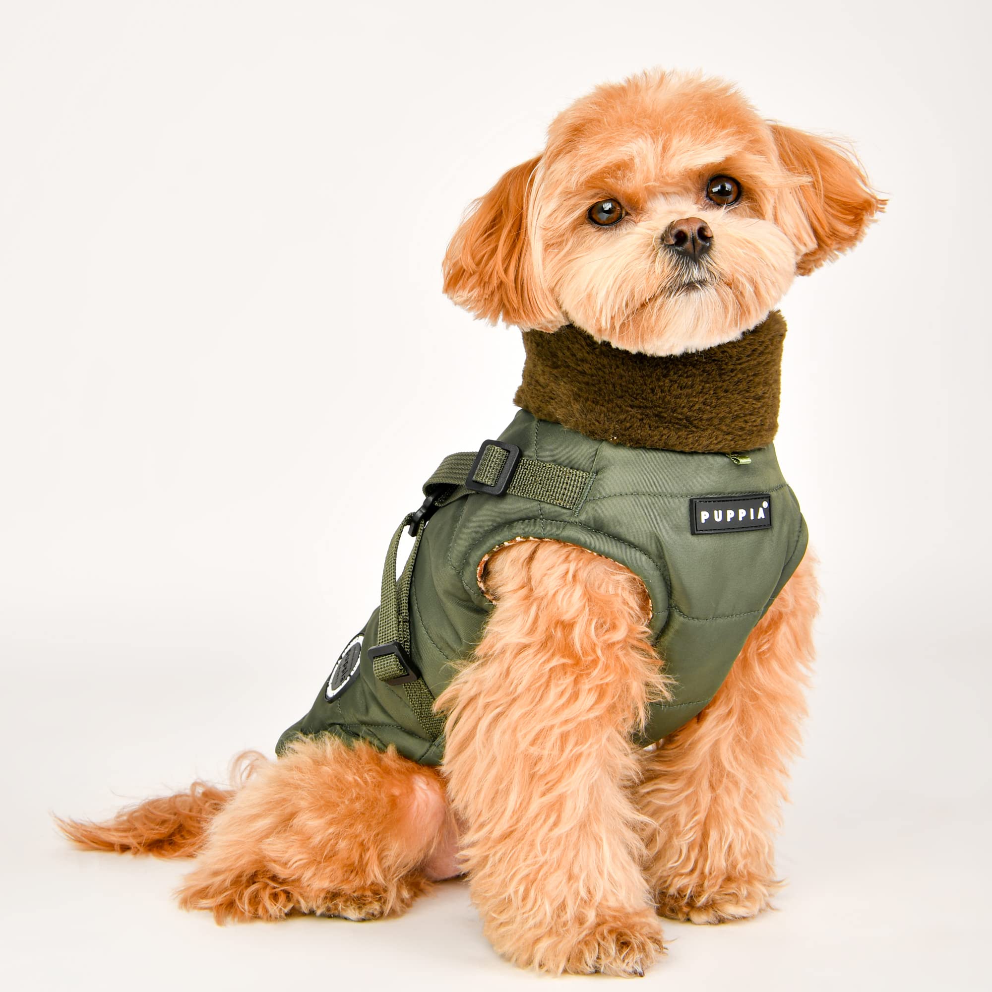 Puppia Donavan Winter Dog Coat With Integrated Harness No Pull Cold Weather Waterproof Warm Fleece Back Zipper For Small & Medium Dog, Khaki, Large