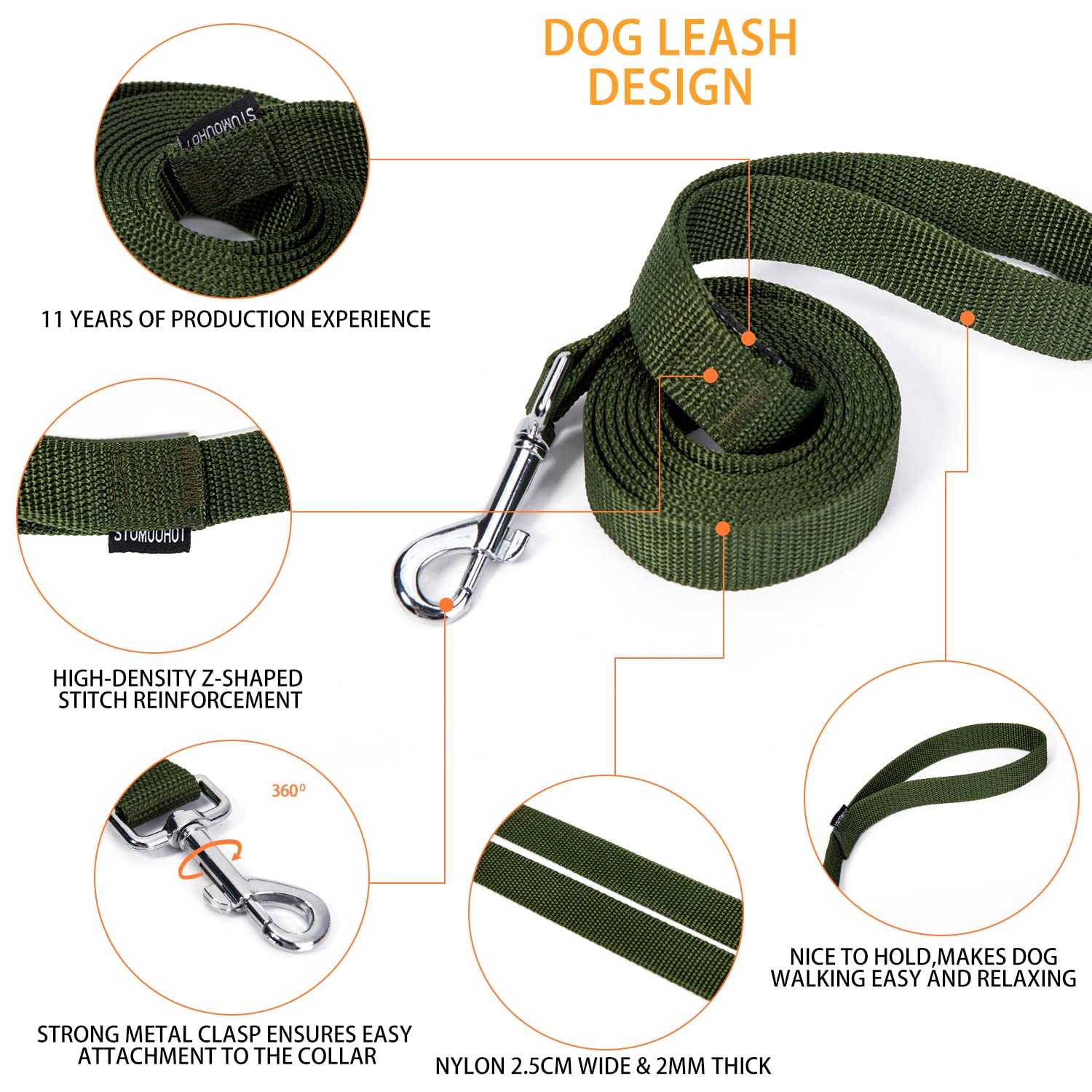 Siumouhoi Strong Durable Nylon Dog Training Leash, 1 Inch Wide Traction Rope, 6 Ft 10Ft 15Ft Long, For Small And Medium Dog (Mil