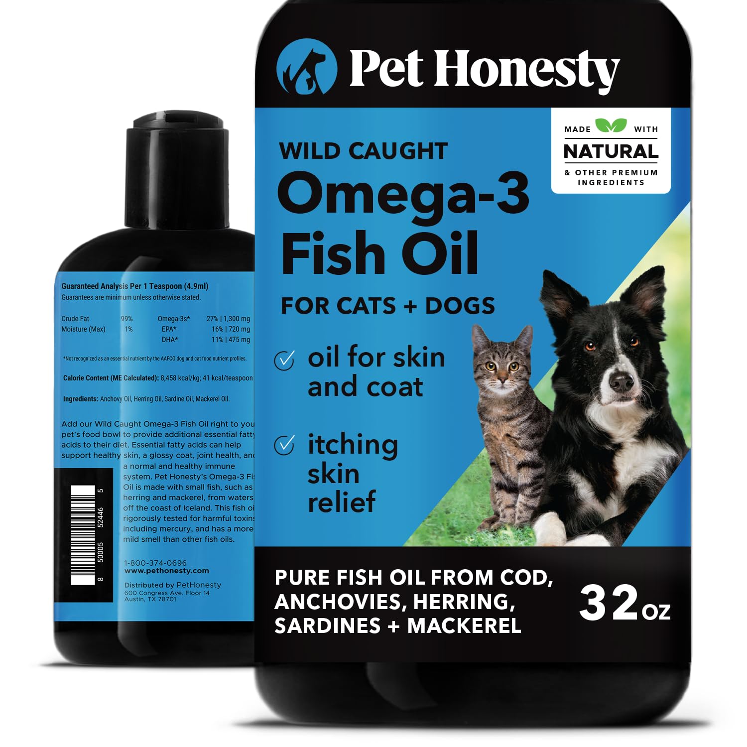 PetHonesty Omega 3 Fish Oil Supplement for Dogs & Cats (32oz), Wild Caught Omega 3 Fish Oil for Skin and Coat Health, Supports S