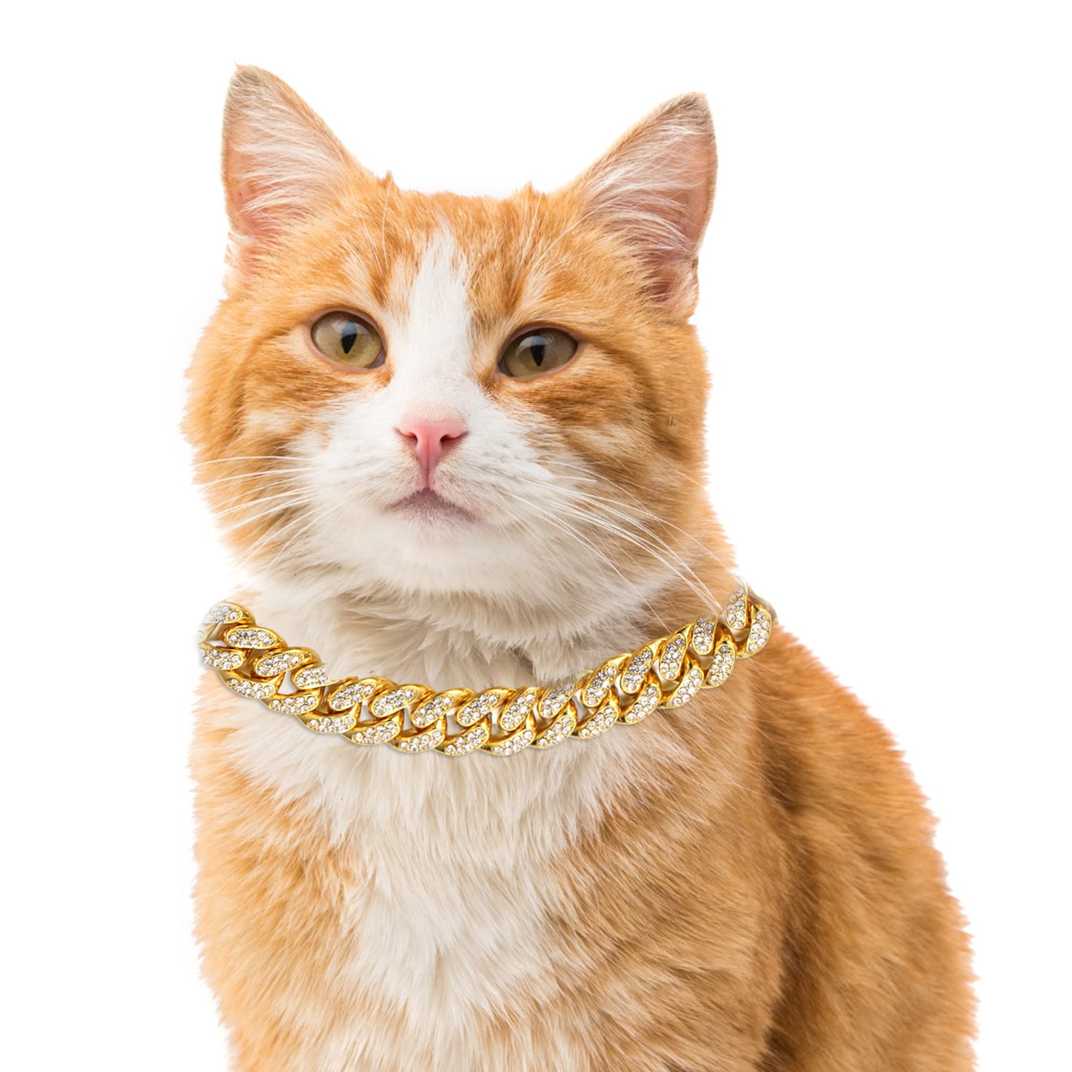 Halukakah Cat Collar - Carat - Iced Out Diamond Cuban Link Gold Chain For Cats & Kittens - 18K Real Gold Plated 9'' Collar Size 