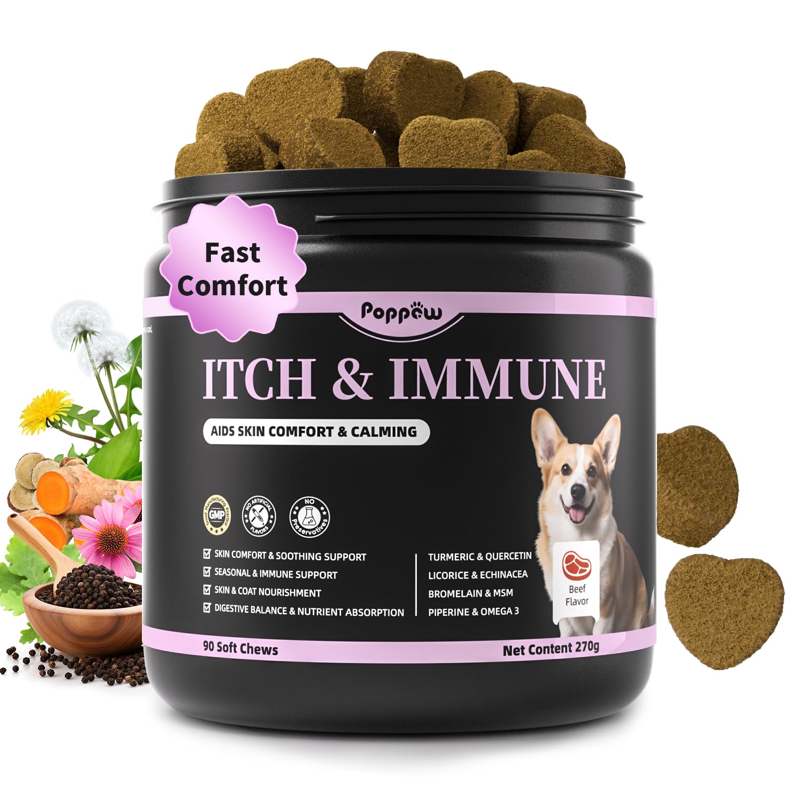 POPPAW Itch Relief for Dogs - Turmeric Supplements for Itching Skin Comfort & Coat Health & Seasonal Allergy Care, Immune Suppor