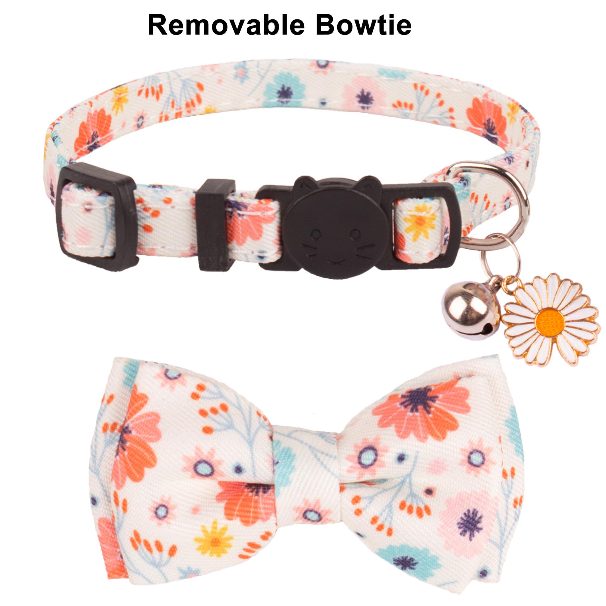 Adoggygo Floral Cat Collar Breakaway With Bow Tie Bell - 2 Pack Cute Flower Collars With Removable Bowtie Floral Bowtie Collars