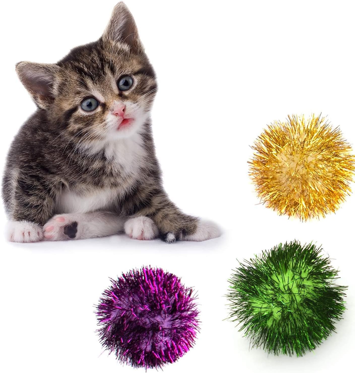 Auear, 12 Pack 2 Inch Sparkle Ball Shiny Tinsel Pom Poms Interactive Balls Cat For Kittens (4 Colors)