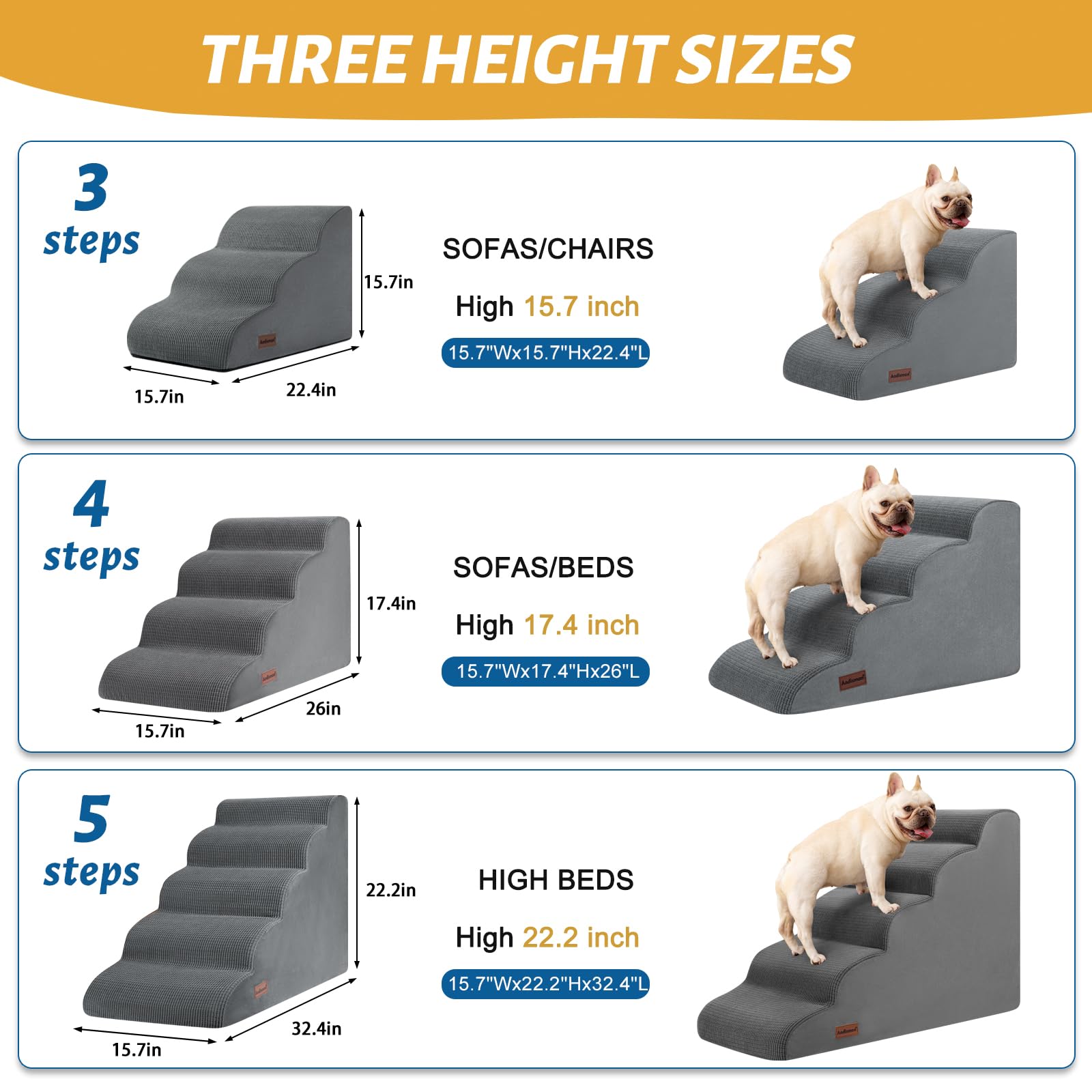 Aodisman 5-Step Dog Stairs and Ramp for High Bed, Non-Slip Sturdy Pet Steps for Small Dogs and Cats,22.2 H,Grey