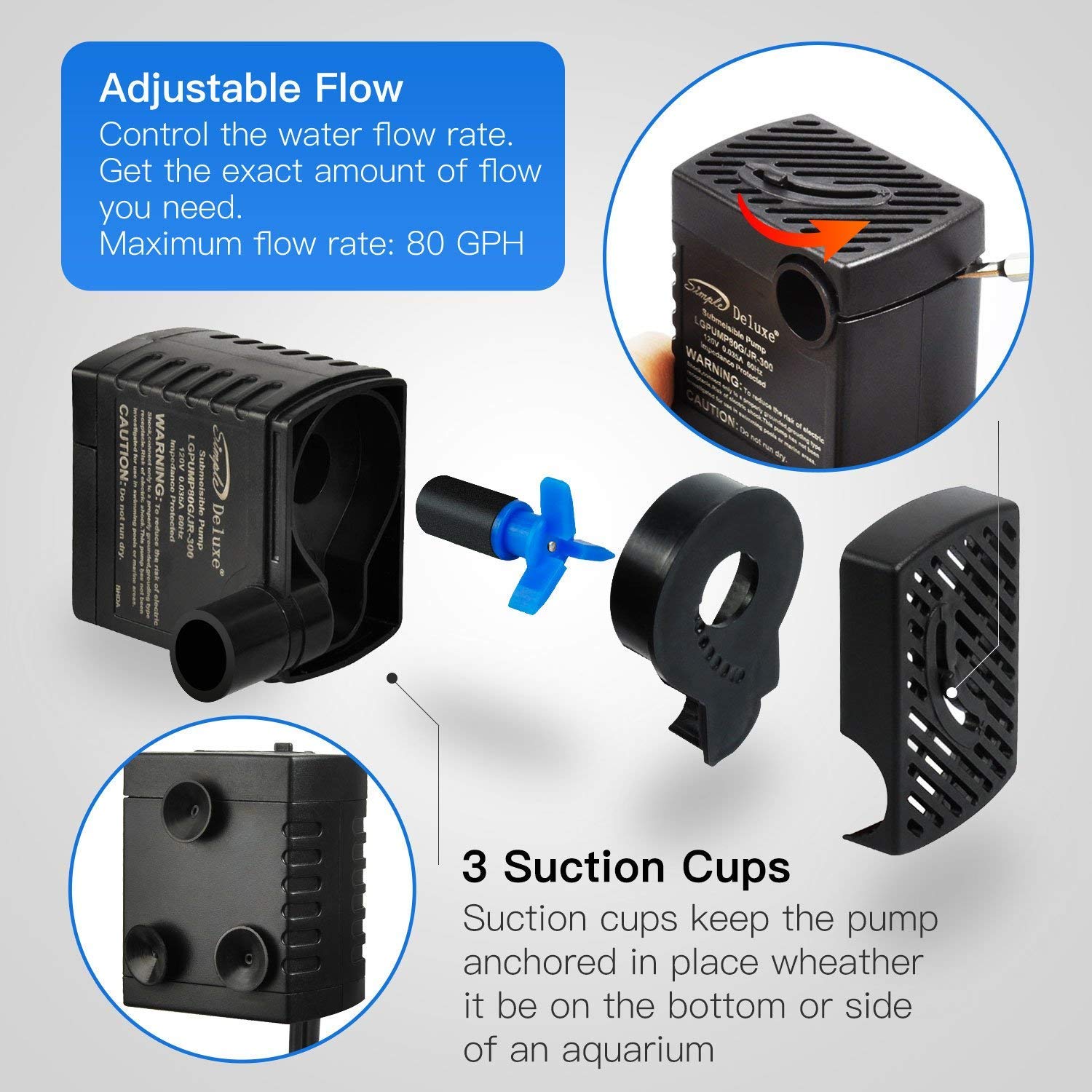Simple Deluxe 80 Gph 3.6W Submersible Pump With Adjustable Intake & 6' Waterproof Cord For Fish Tank, Hydroponics, Fountains, Ponds, Statuary, Aquariums, Black