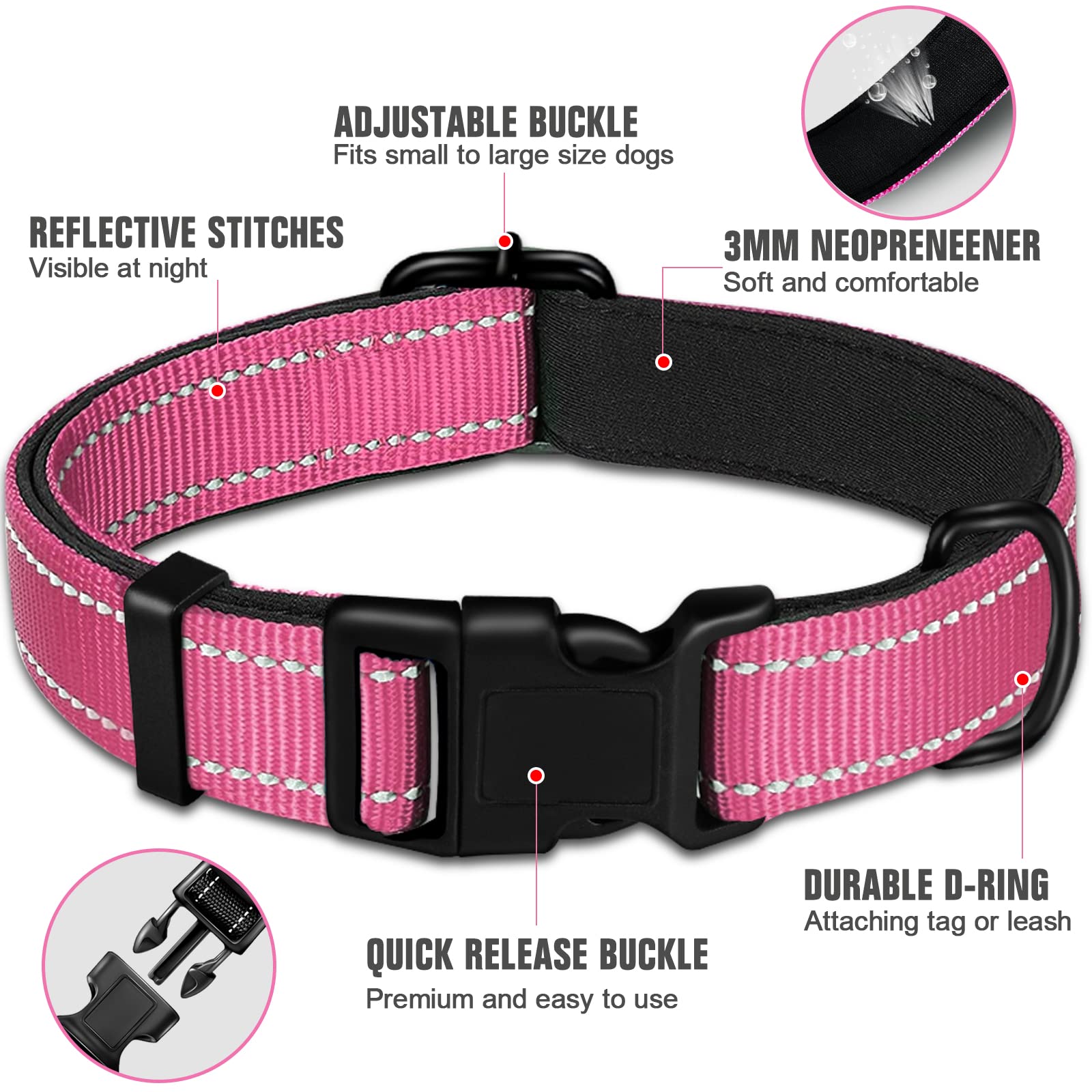 Doyoo Dog Collar And Dog Leash- Soft Neoprene Padded,Reflective And Adjustable - Nylon Dog Collars With Quick Release Buckle For