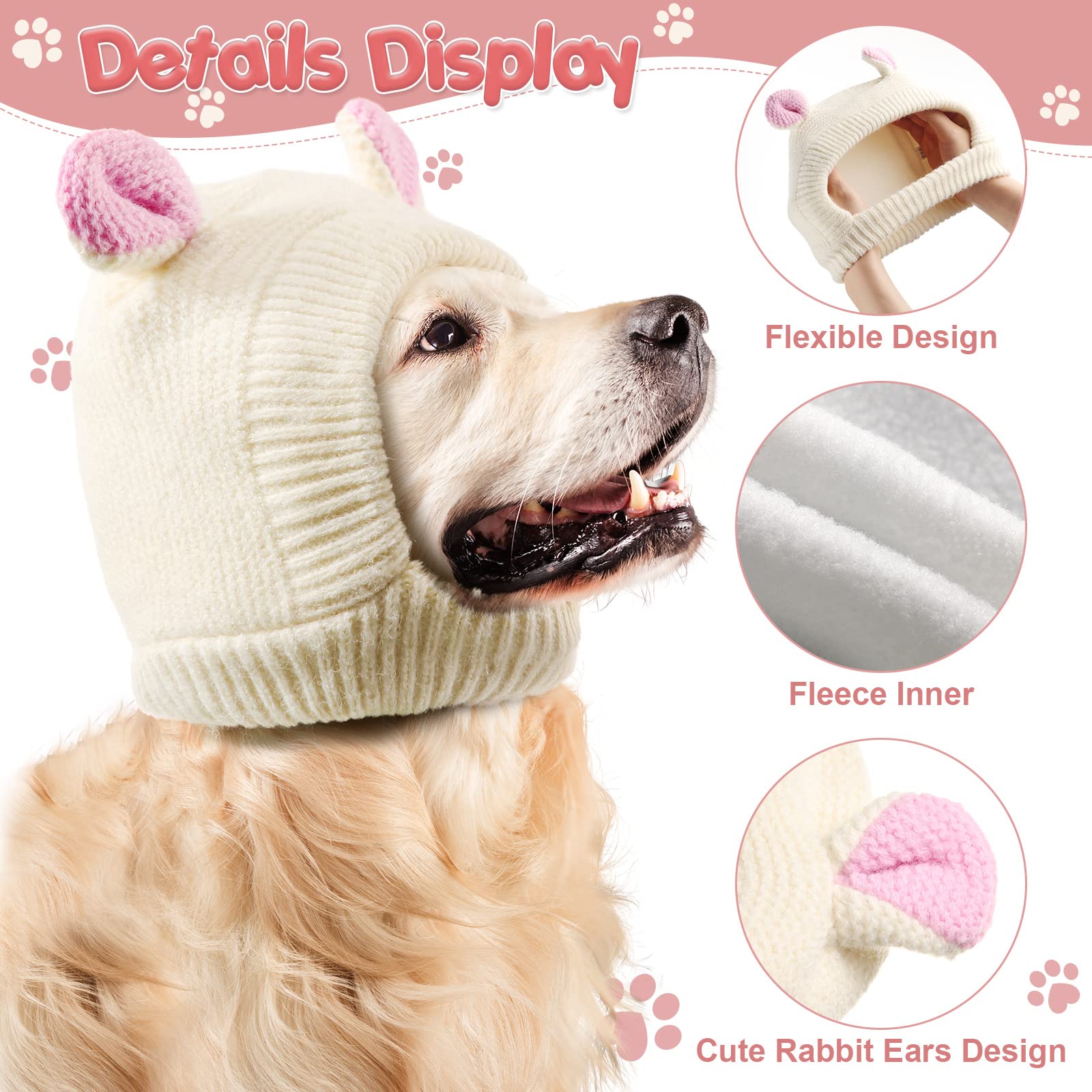Quiet Ears For Pets, Knitted Dog Hats With Noise Protection - Winter Hat & Snood Head Wrap For Medium To Large Dogs & Cats (Milk